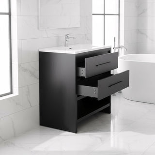 Meuble-Lavabo Autoportant 30po Chêne Noir avec Comptoir de Polymarbre Blanc