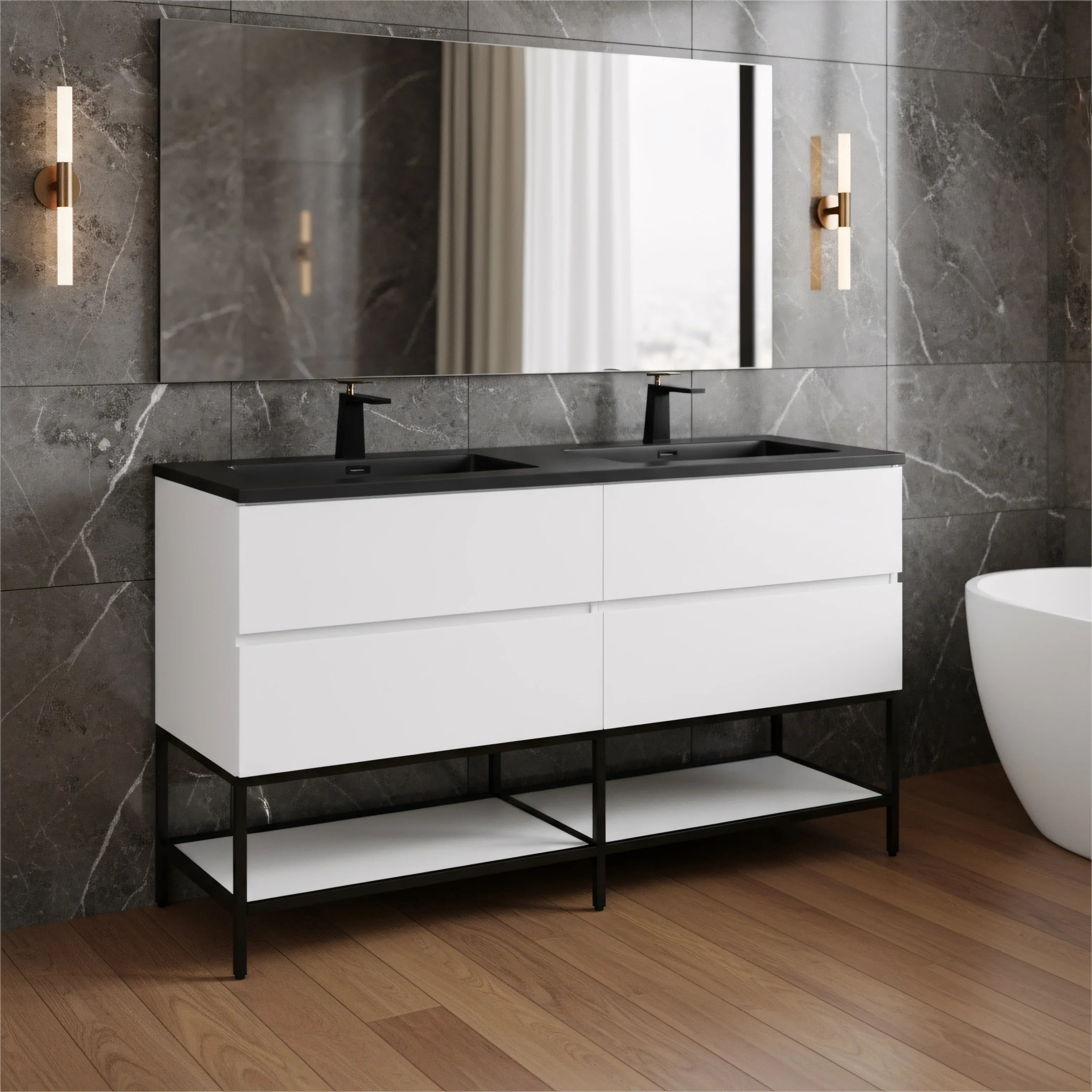 60" White Wall Mount Double Sink Bathroom Vanity with Black Engineered Quartz Countertop