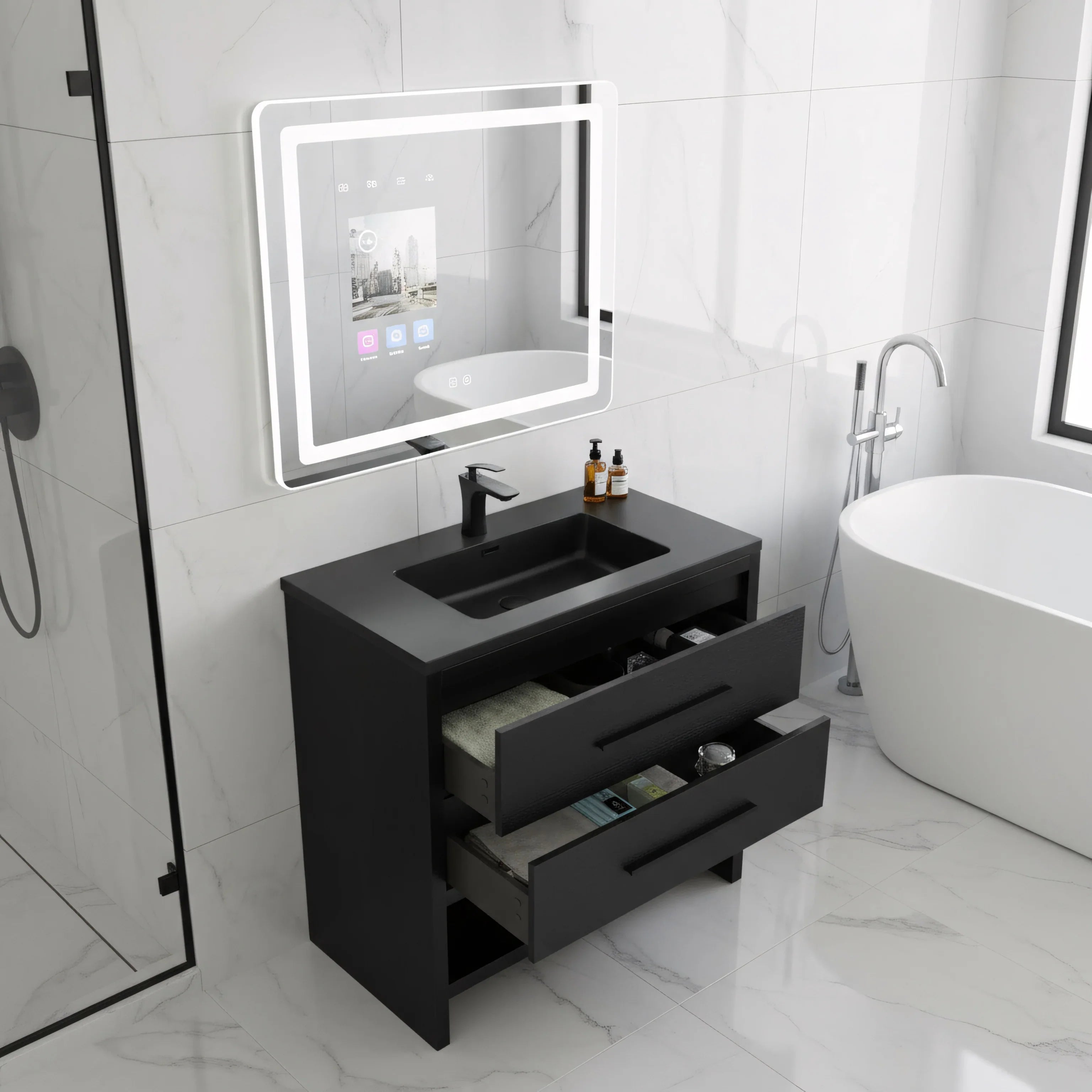 30" Black Oak Freestanding Single Sink Bathroom Vanity with Black Engineered Quartz Countertop