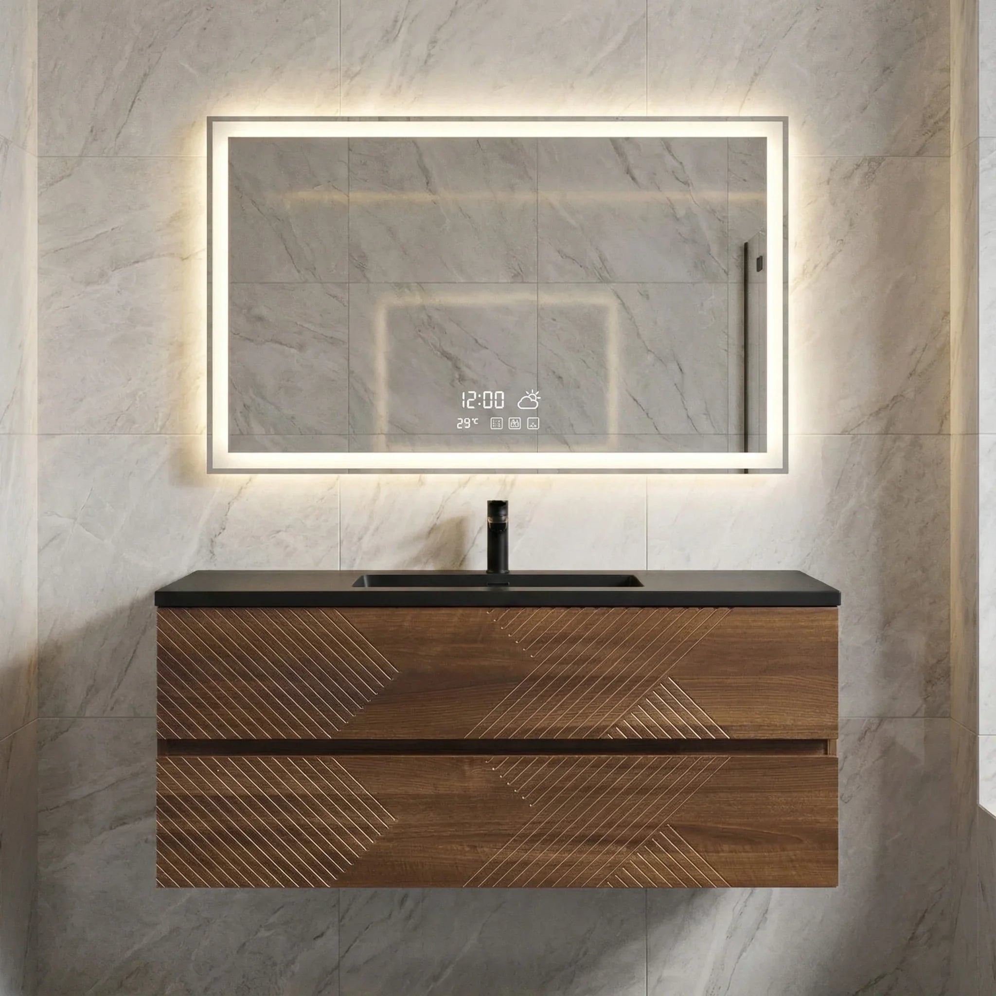 48" Walnut Wall Mount Single Sink Bathroom Vanity with Black Engineered Quartz Countertop