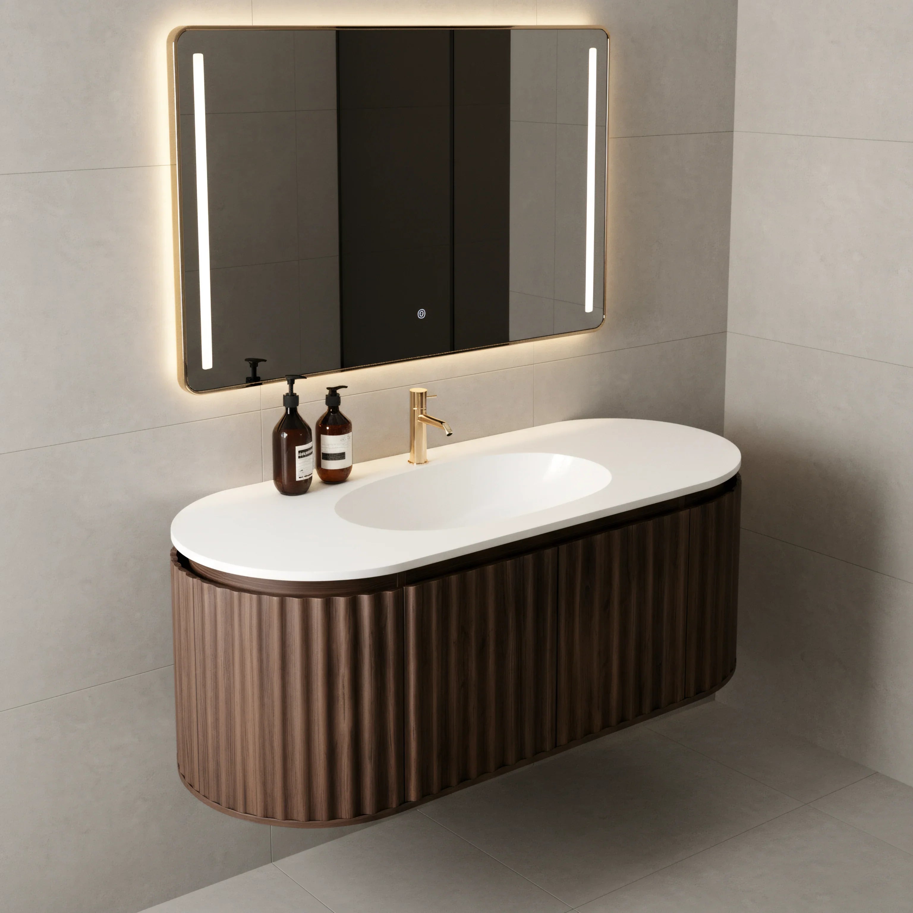 Meuble-lavabo 48 po en noyer courbé et cannelé - Comptoir blanc mat