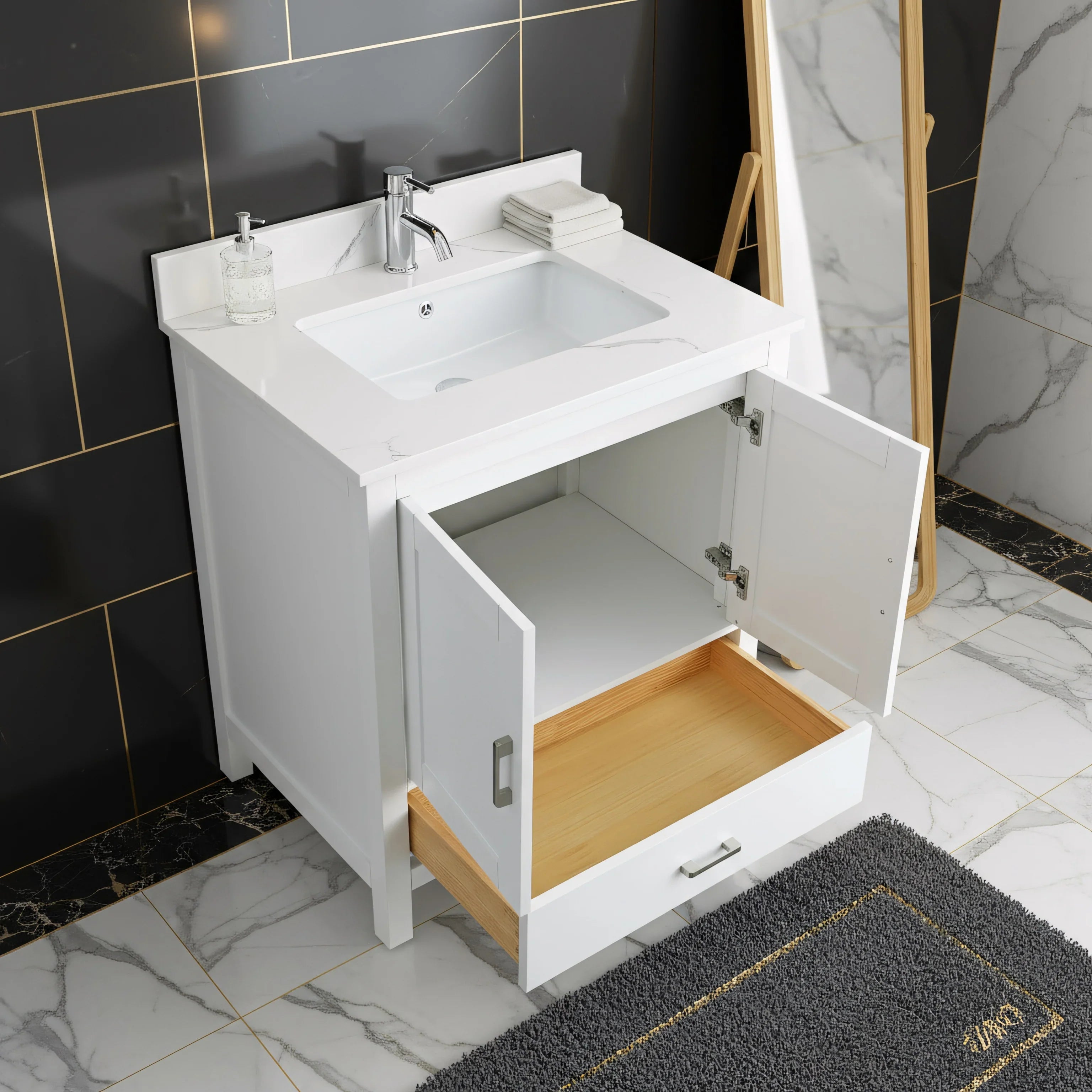 Meuble-Lavabo Autoportant 30po Blanc avec Comptoir de Polymarbre Ingénierie Calcutta