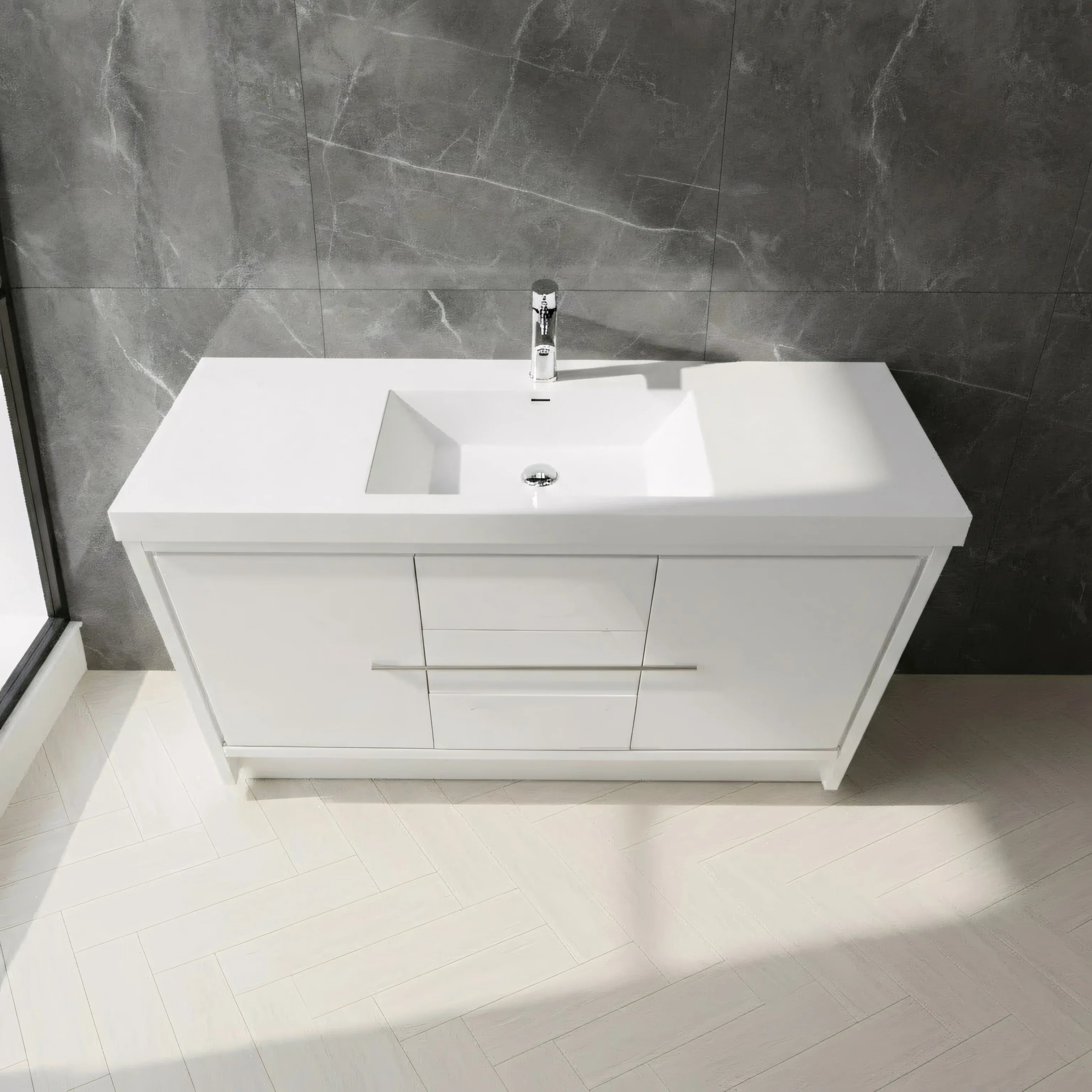 60" Glossy White Freestanding Single Sink Bathroom Vanity with White Polymarble Countertop