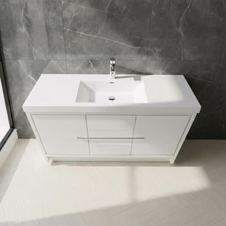 60" Glossy White Freestanding Single Sink Bathroom Vanity with White Polymarble Countertop