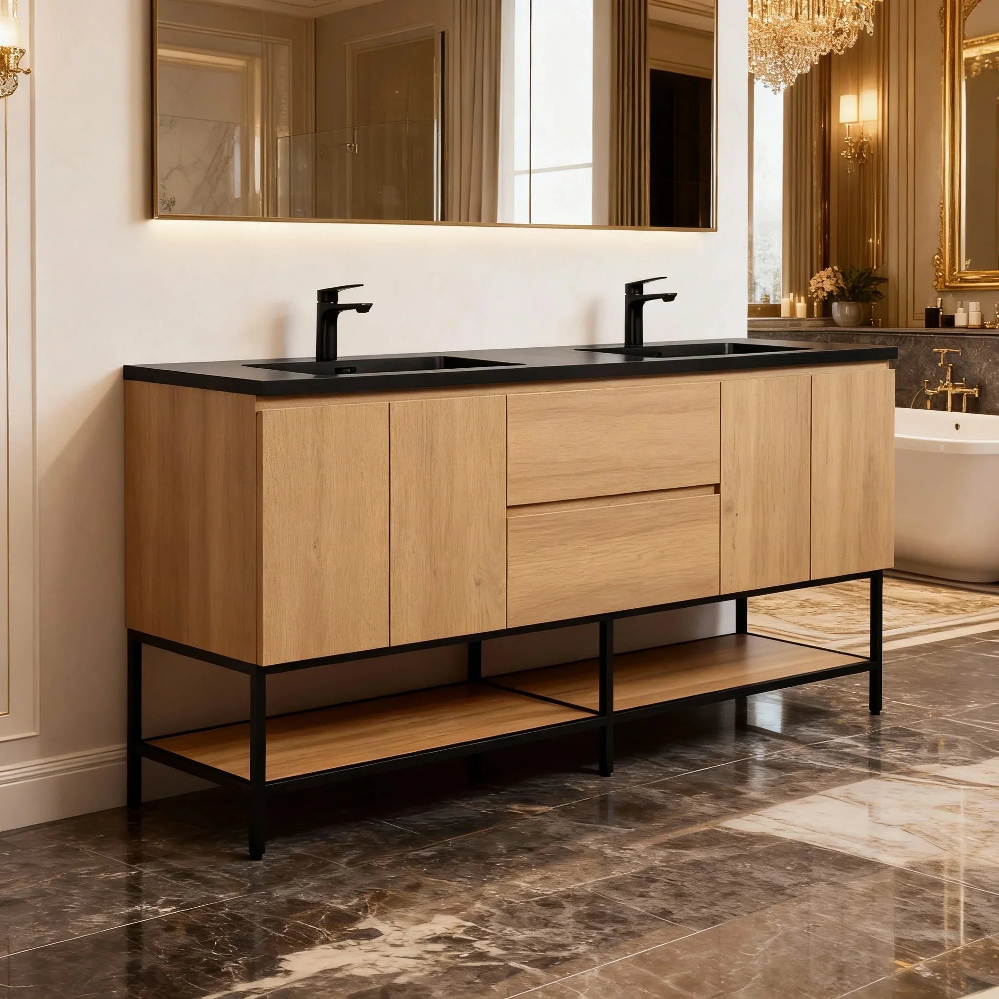 Meuble-Lavabo 72po Chêne Brut avec Comptoir de 72 Quartz Noir Lavabo Double