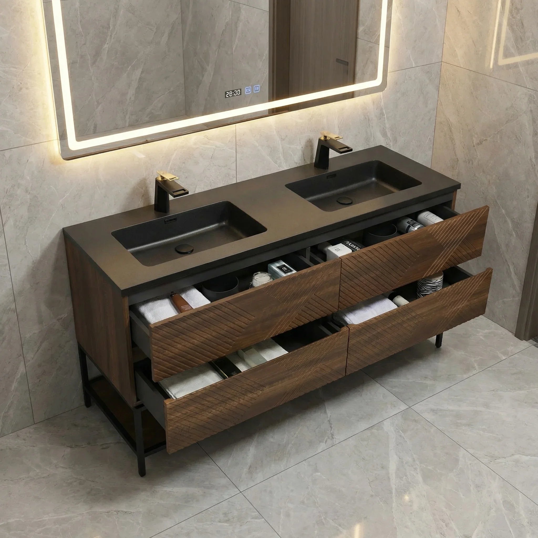60" Walnut Wall Mount Double Sink Bathroom Vanity with Black Engineered Quartz Countertop