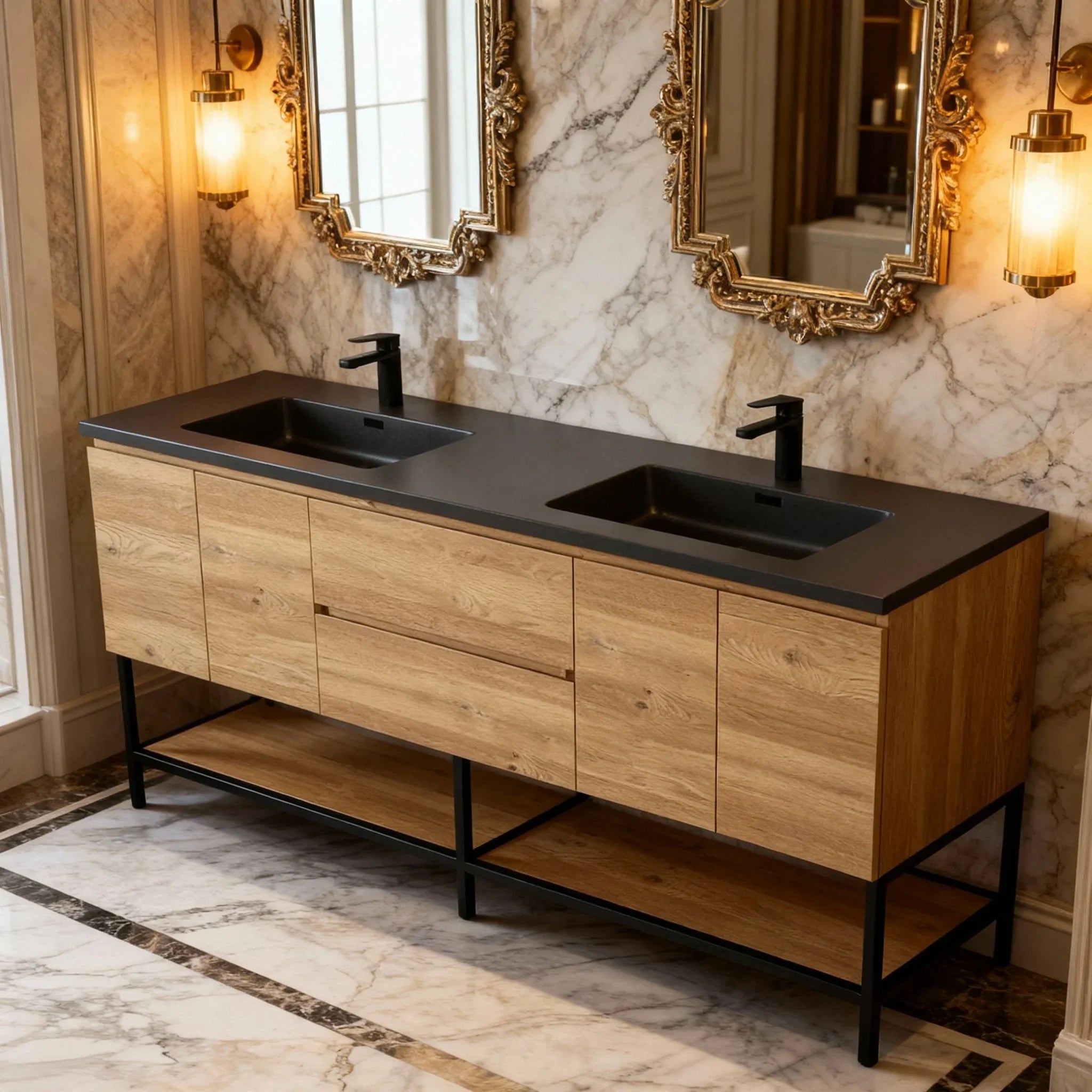 Meuble-Lavabo 72po Chêne Brut avec Comptoir de 72 Quartz Noir Lavabo Double