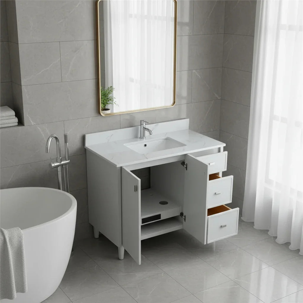 Meuble-Lavabo Autoportant 42po Gris Hampton avec Comptoir de Marbre Ingénierie Calcutta