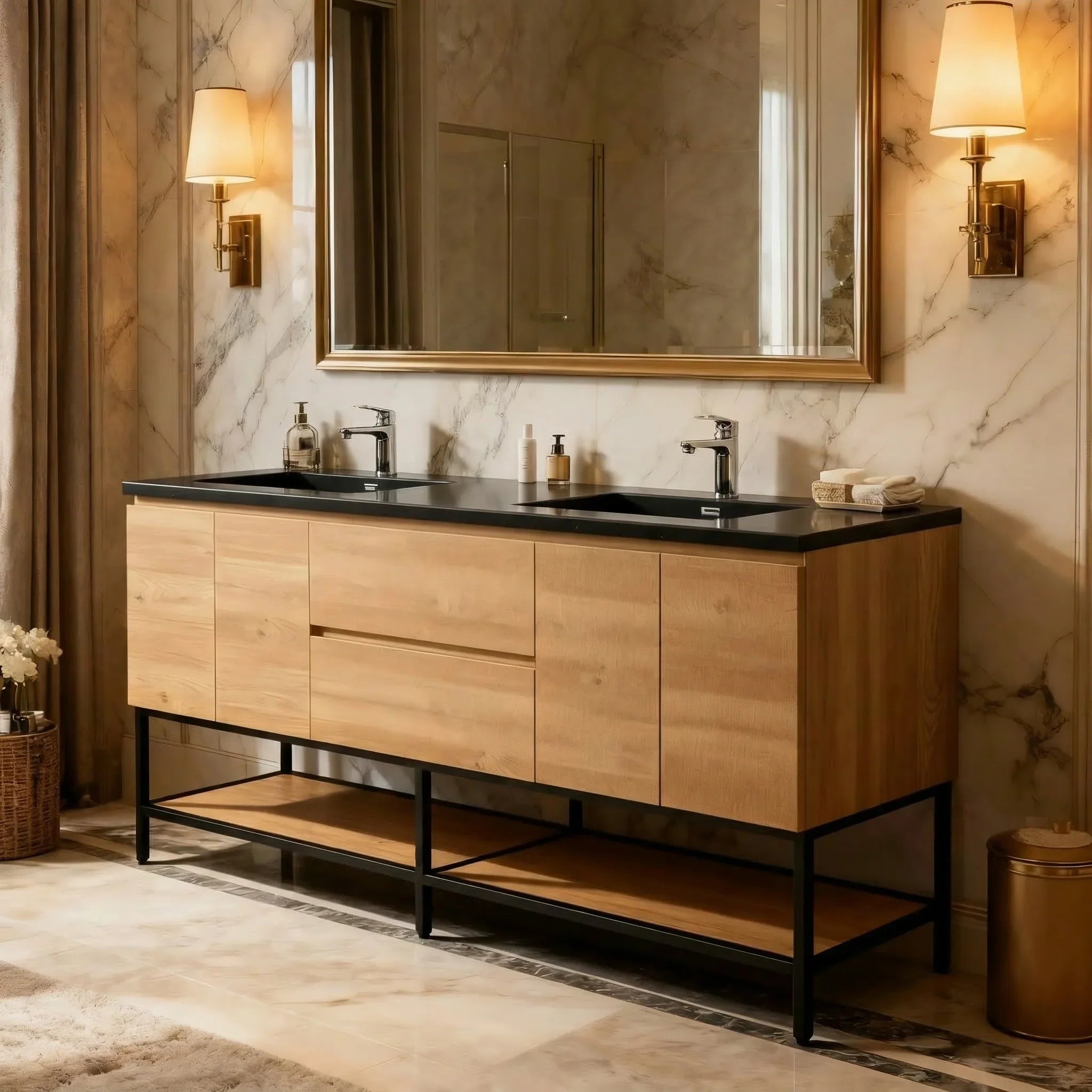 Meuble-Lavabo 72po Chêne Brut avec Comptoir de 72 Quartz Noir Lavabo Double