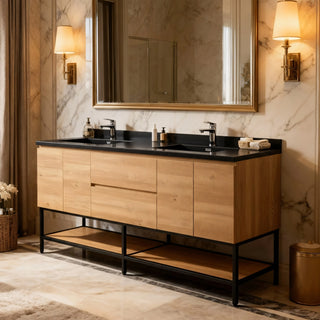 Meuble-Lavabo 72po Chêne Brut avec Comptoir de 72 Quartz Noir Lavabo Double