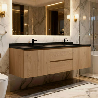 Meuble-Lavabo 72po Chêne Brut avec Comptoir de 72 Quartz Noir Lavabo Double