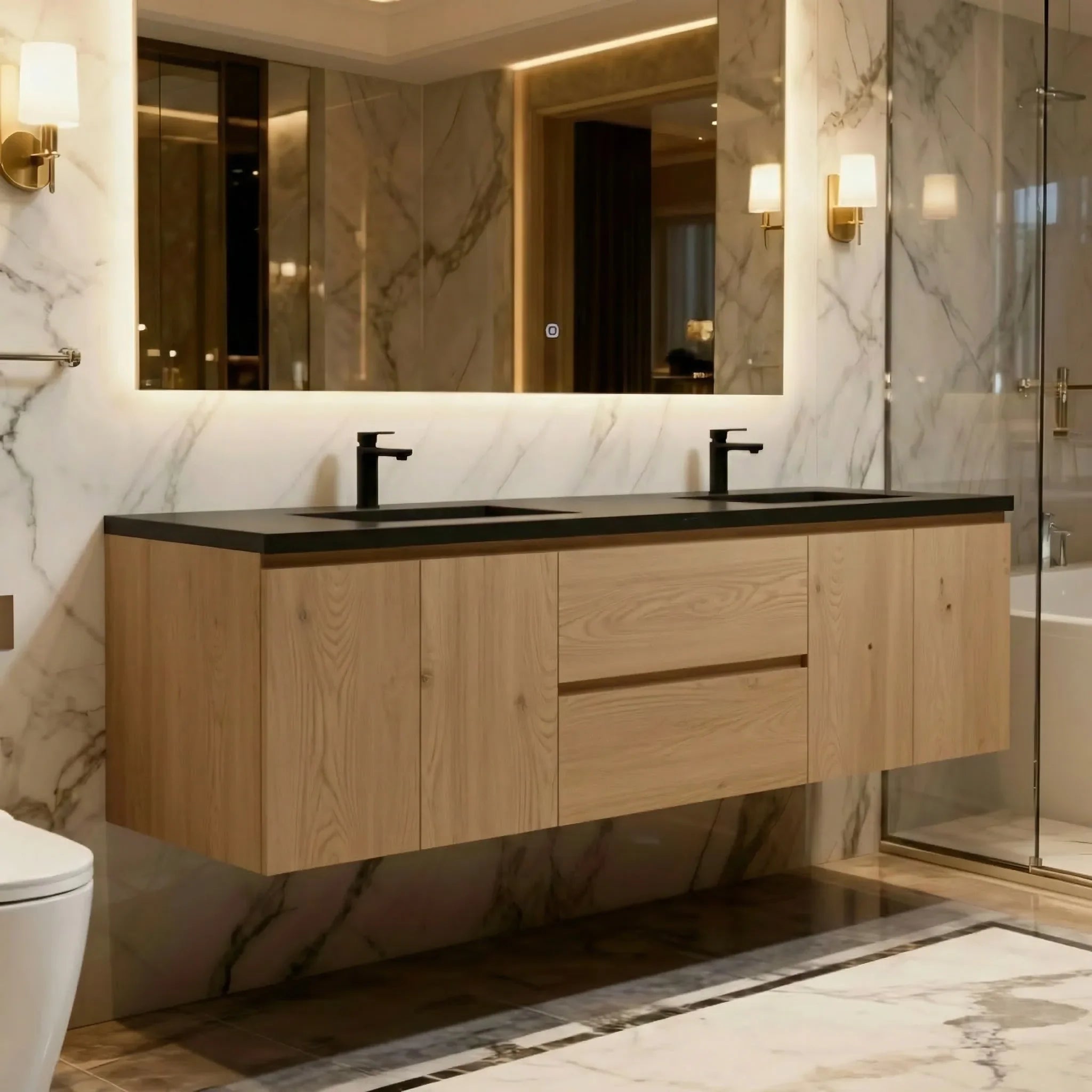 Meuble-Lavabo 72po Chêne Brut avec Comptoir de 72 Quartz Noir Lavabo Double