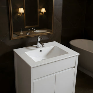 Meuble-Lavabo Autoportant 24po Chêne Blanc avec Comptoir de Céramique Blanc