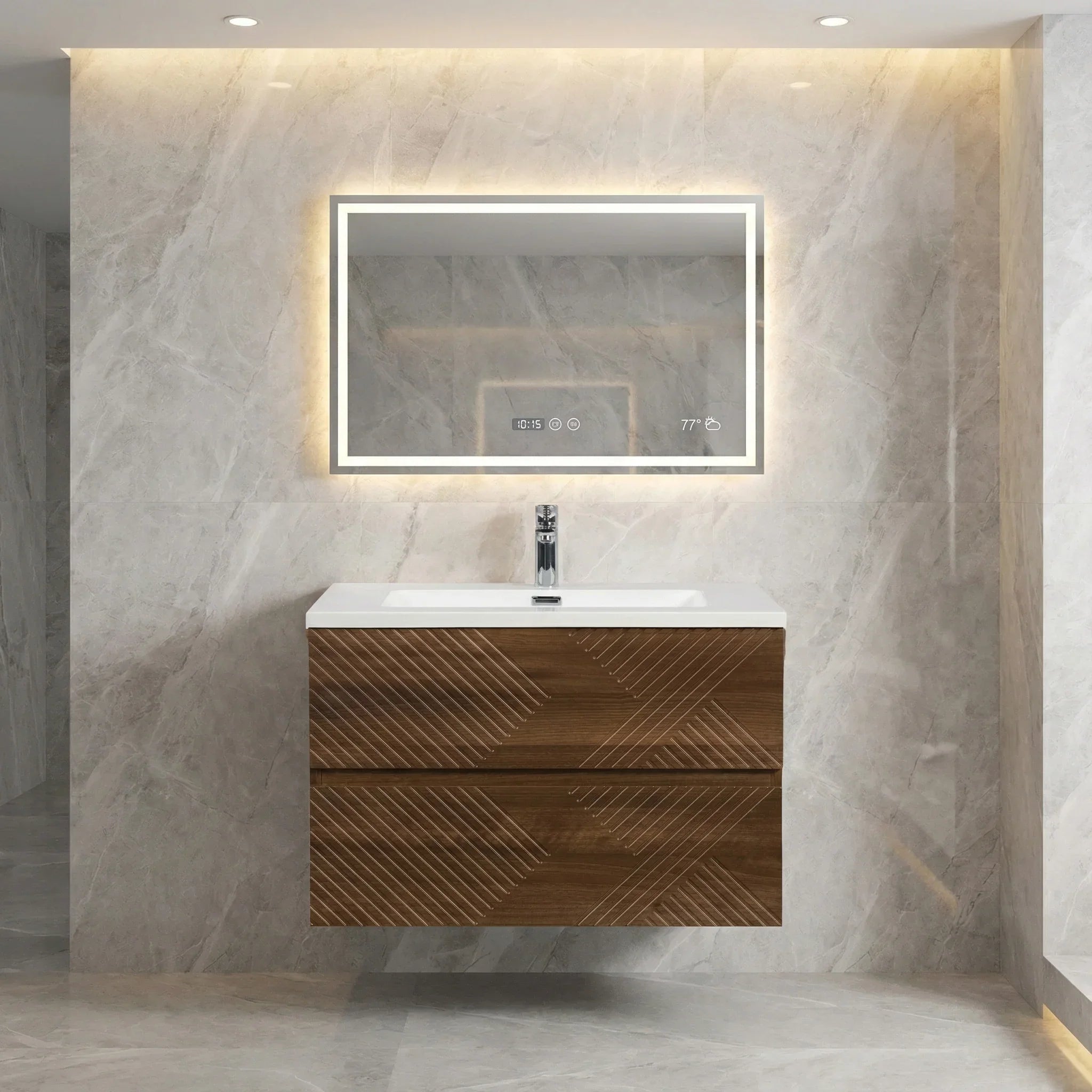 30" Walnut Wall Mount Single Sink Bathroom Vanity with White Polymarble Countertop