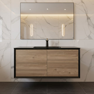 48" Black & Rough Oak Wall Mount Single Sink Bathroom Vanity with Black Engineered Quartz Countertop