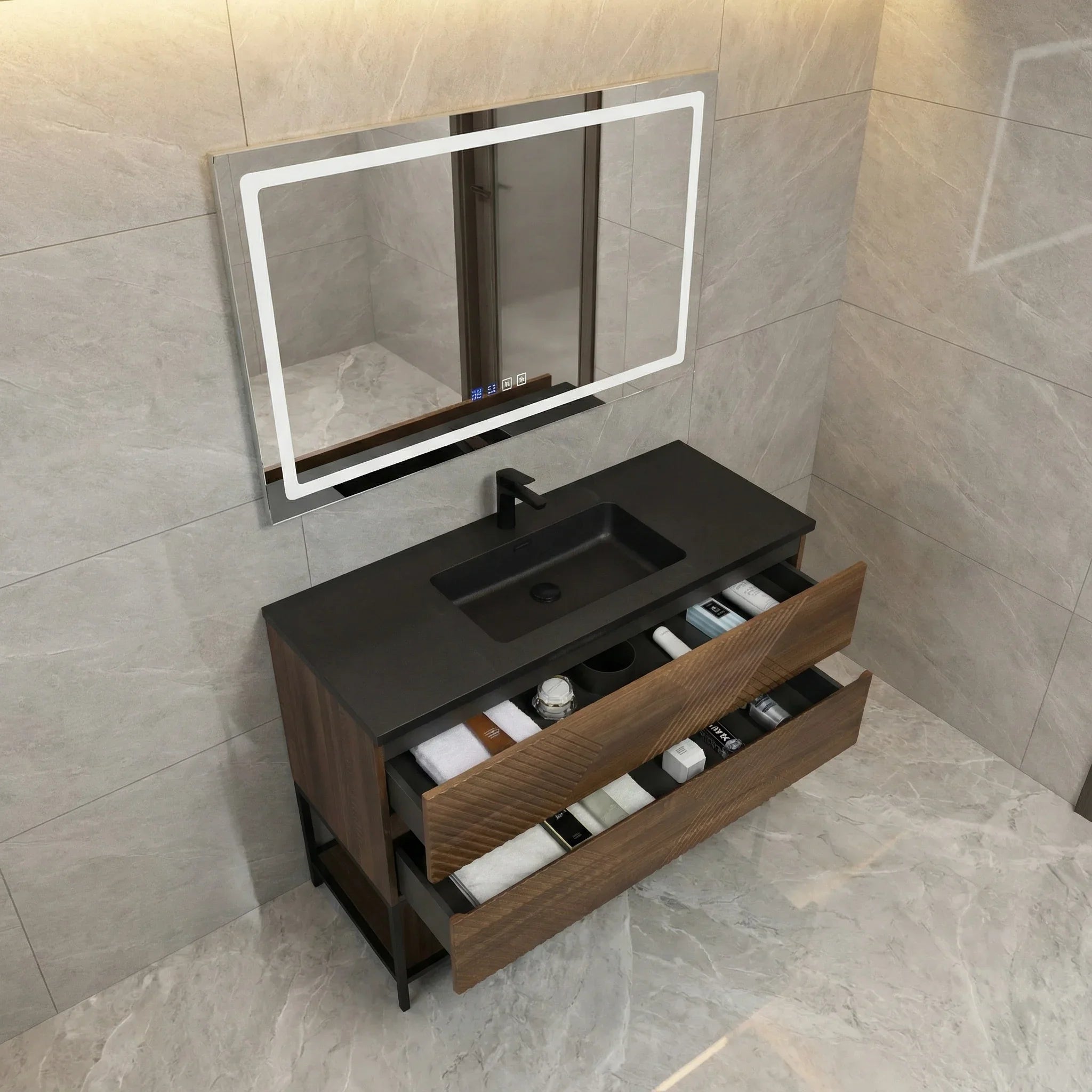 48" Walnut Wall Mount Single Sink Bathroom Vanity with Black Engineered Quartz Countertop