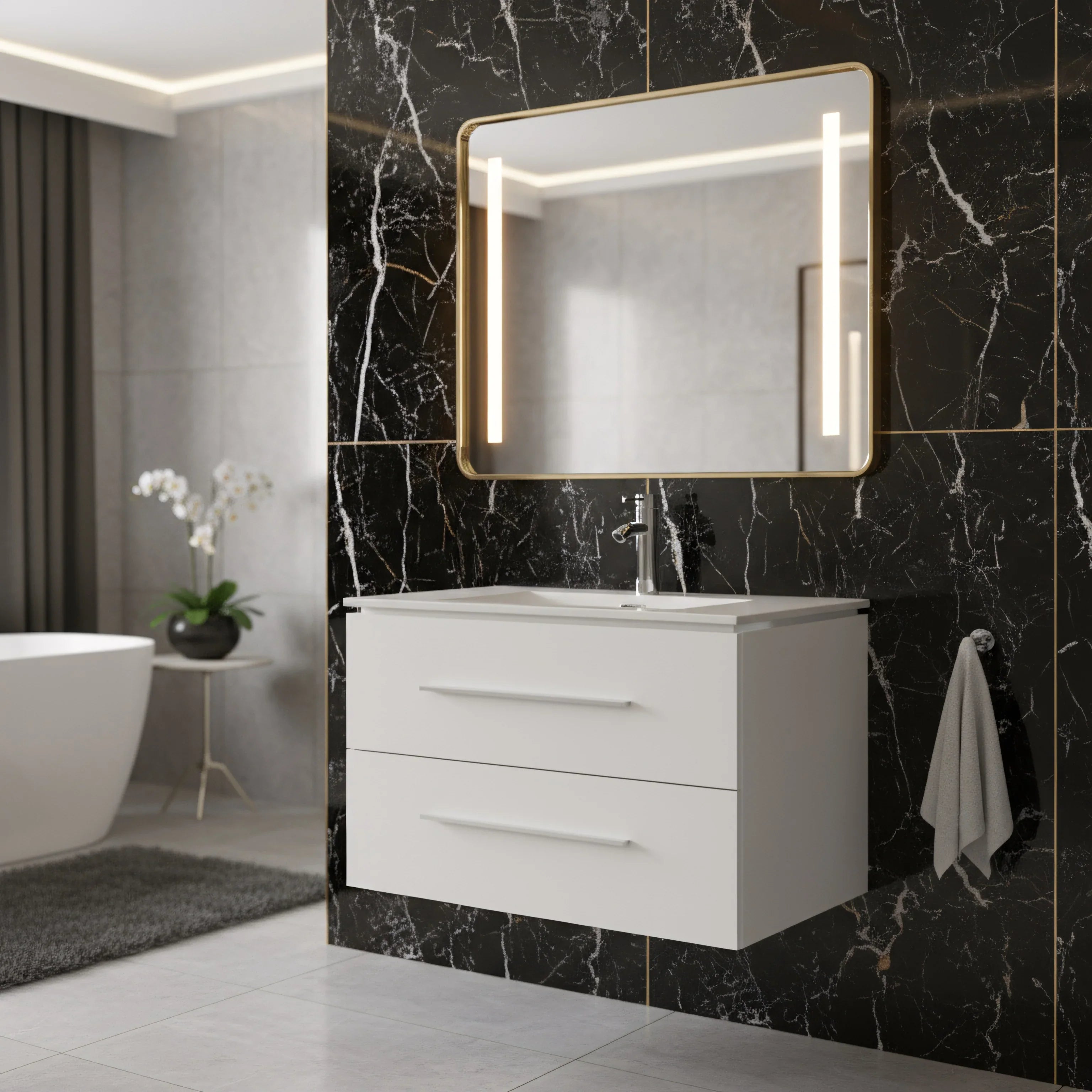 30" Matte White Wall Mount Bathroom Vanity with White Ceramic Countertop