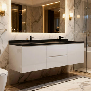 Meuble-Lavabo Mural 72po Blanc avec Comptoir de Quartz d'ingénierie Noir