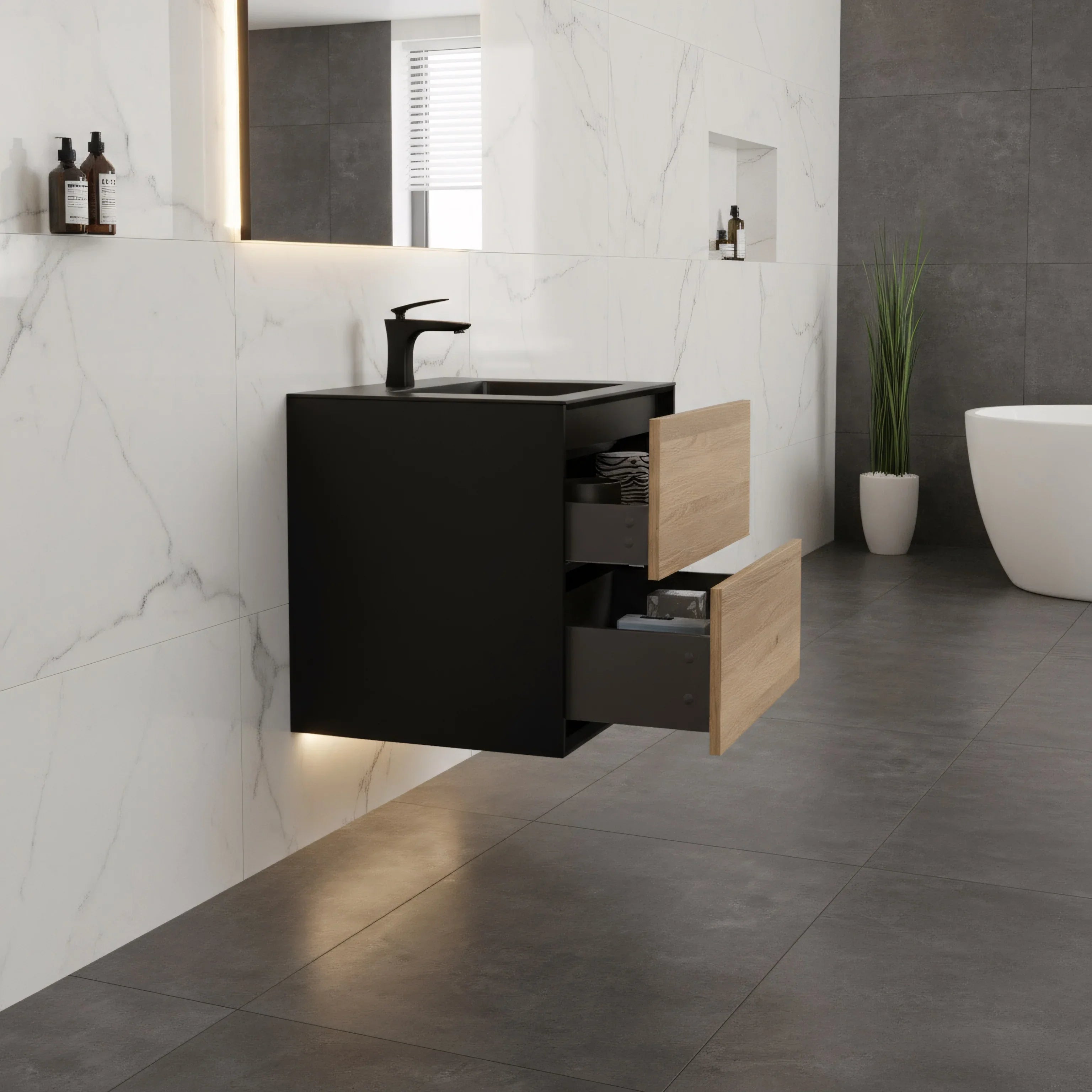 30" Black & Rough Oak Wall Mount Vanity with Black Engineered Quartz Countertop