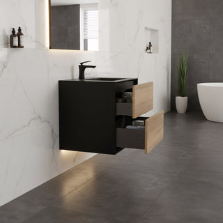 30" Black & Rough Oak Wall Mount Vanity with Black Engineered Quartz Countertop