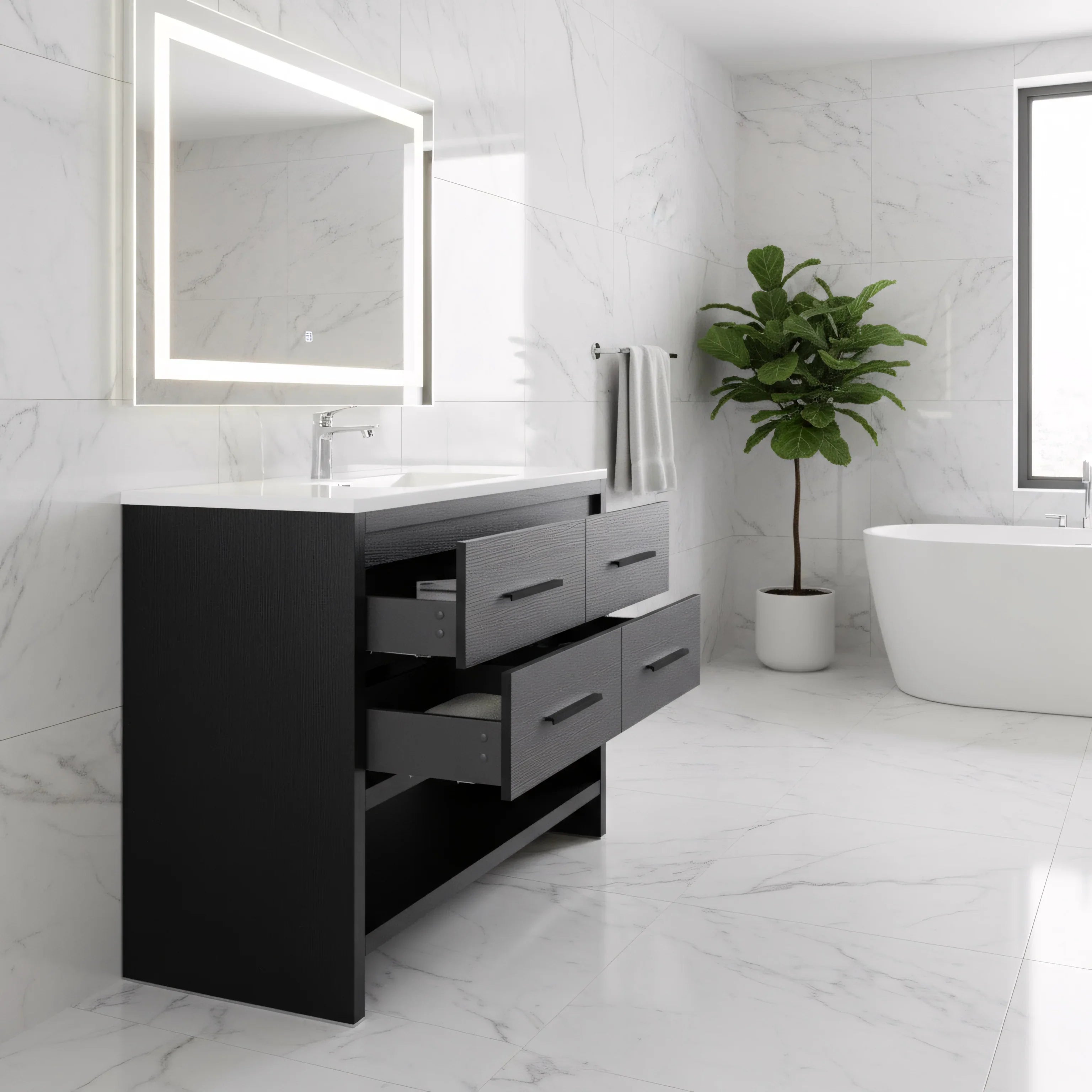 Meuble-lavabo autoportant noir en chêne brut de 48" avec Comptoir en polymarbre blanc