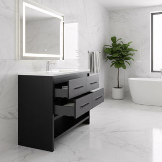 48" Black Rough Oak Freestanding Bathroom Vanity with White Polymarble Countertop