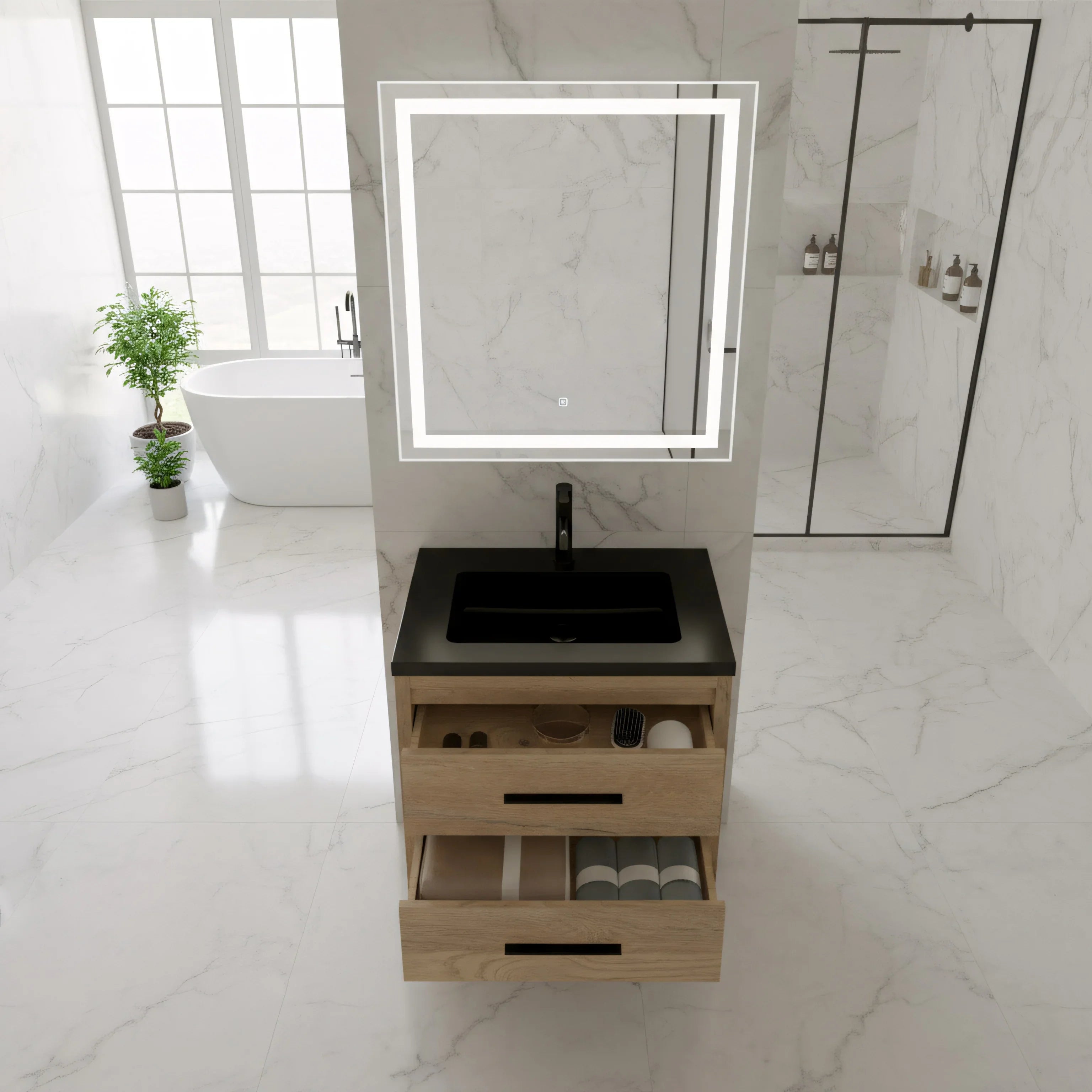Meuble-lavabo Autoportant 24 po Chêne Brut avec Comptoir en Quartz Noir d’Ingénierie