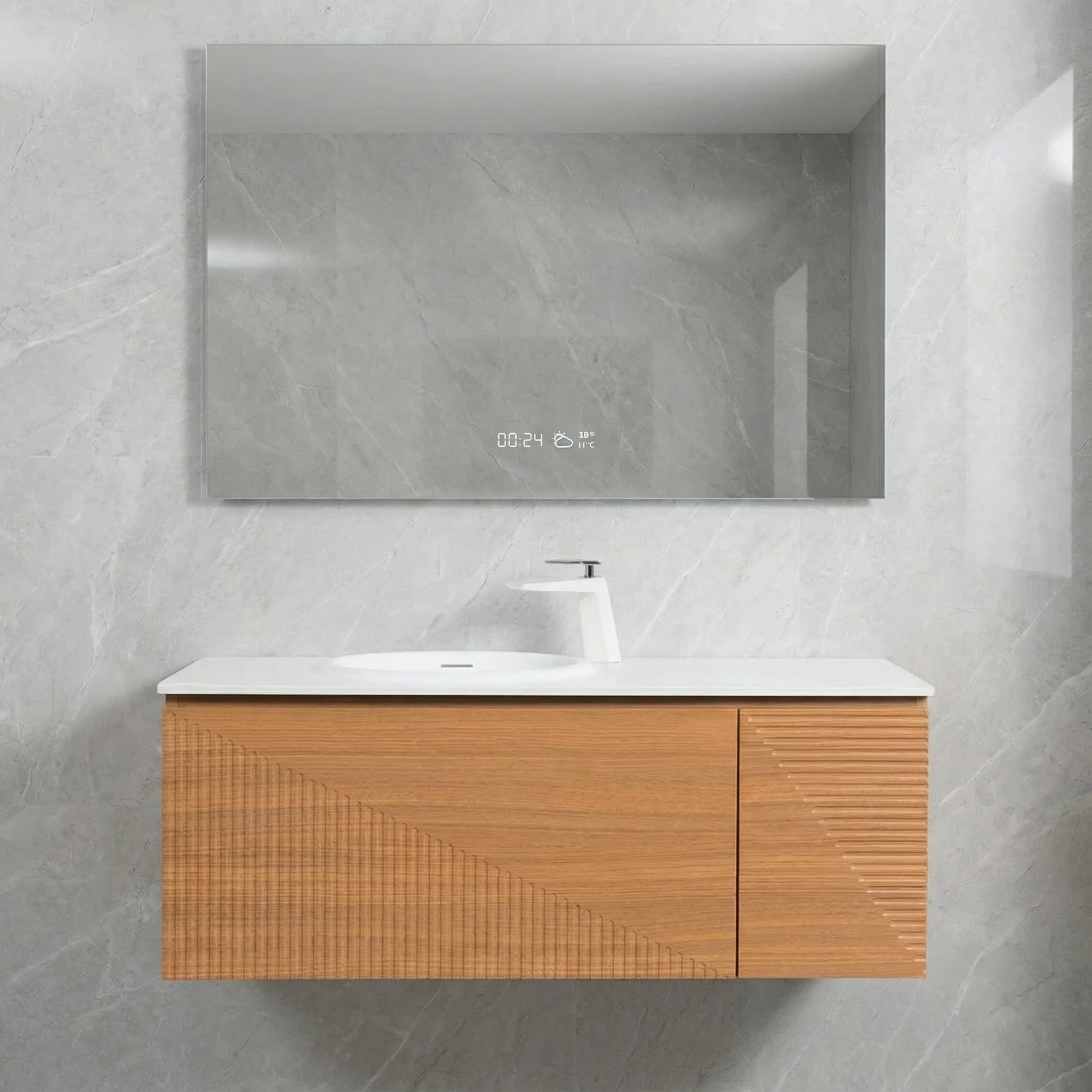 48" Light Oak Wall Mount Bathroom with White Solid Surface Countertop