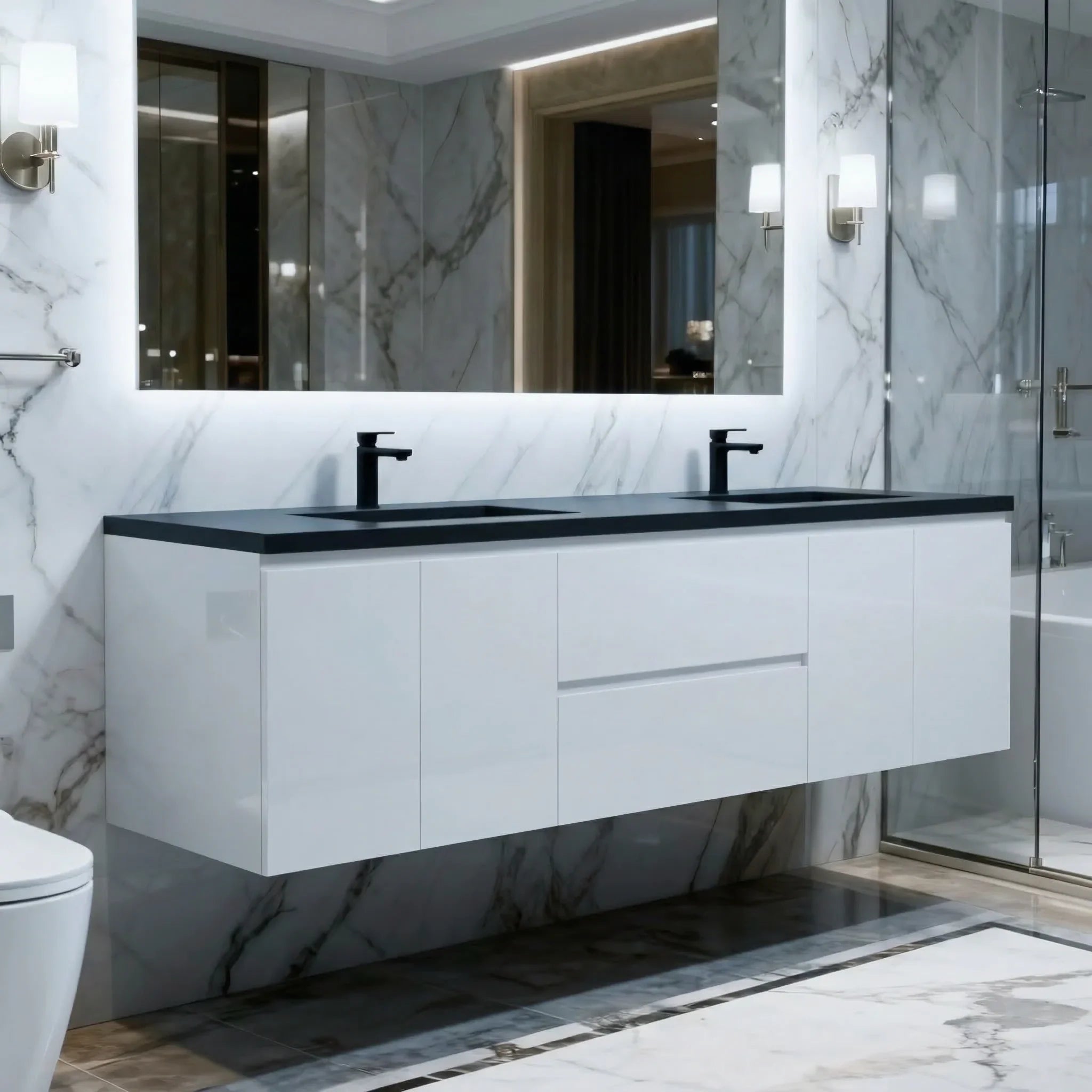 72" White Wall Mount Double Sink Bathroom Vanity with Black Engineered Quartz Countertop