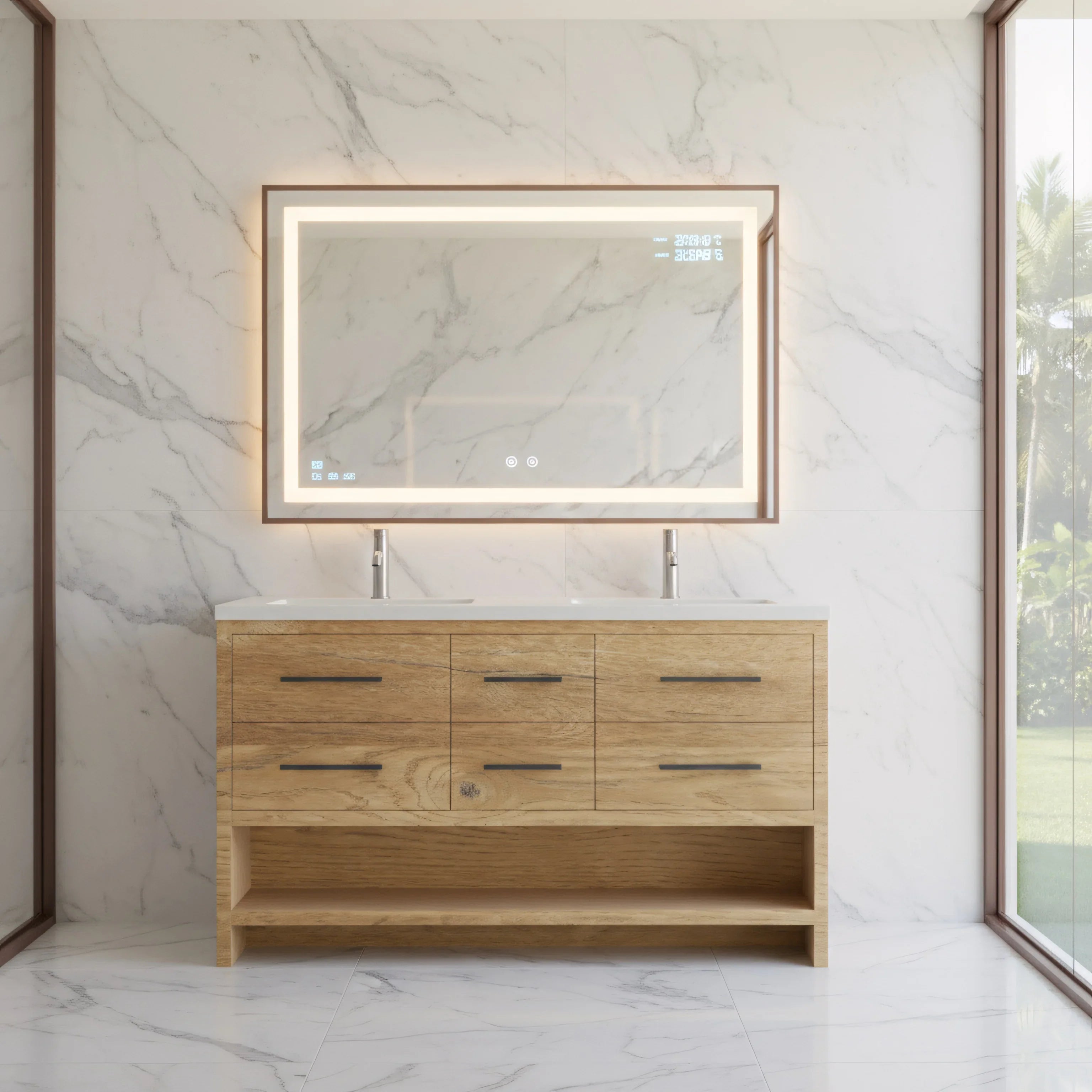 Meuble-Lavabo Autoportant 60po Chêne Brut avec Comptoir de Polymarbre Blanc
