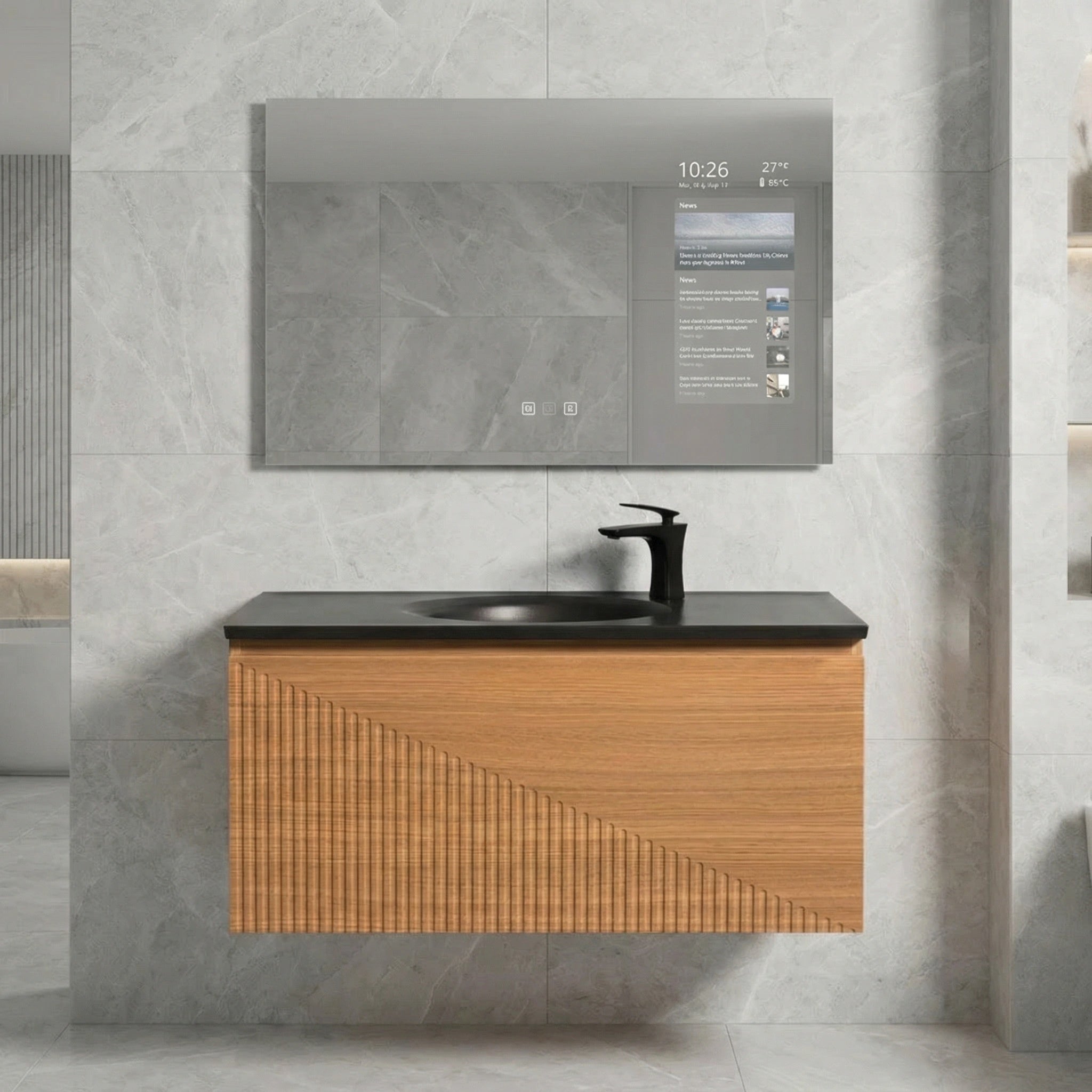 Meuble-Lavabo Mural 36po Chêne Clair avec Comptoir de Quartz d'ingénierie Noir