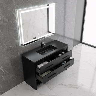 48" Black Rough Oak Freestanding Bathroom Vanity with Black Engineered Quartz Countertop