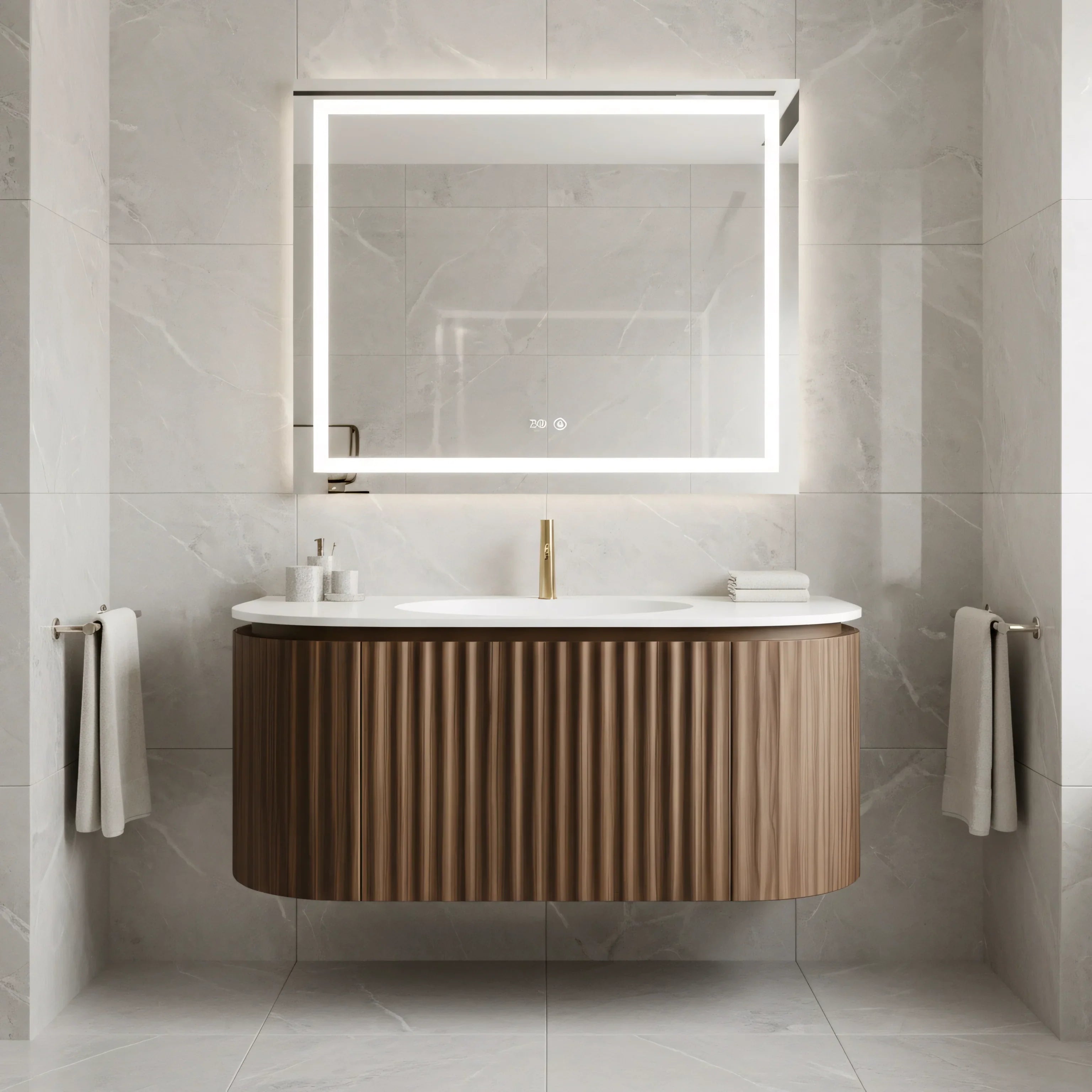 Meuble-lavabo 48 po en noyer courbé et cannelé - Comptoir blanc mat