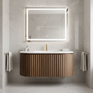 Meuble-lavabo Andorra 48 po en noyer courbé et cannelé - Comptoir blanc mat