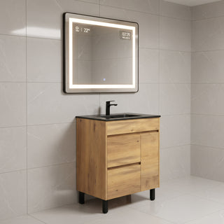 30" Frosted Oak Freestanding Single Sink Bathroom Vanity with Black Ceramic Countertop