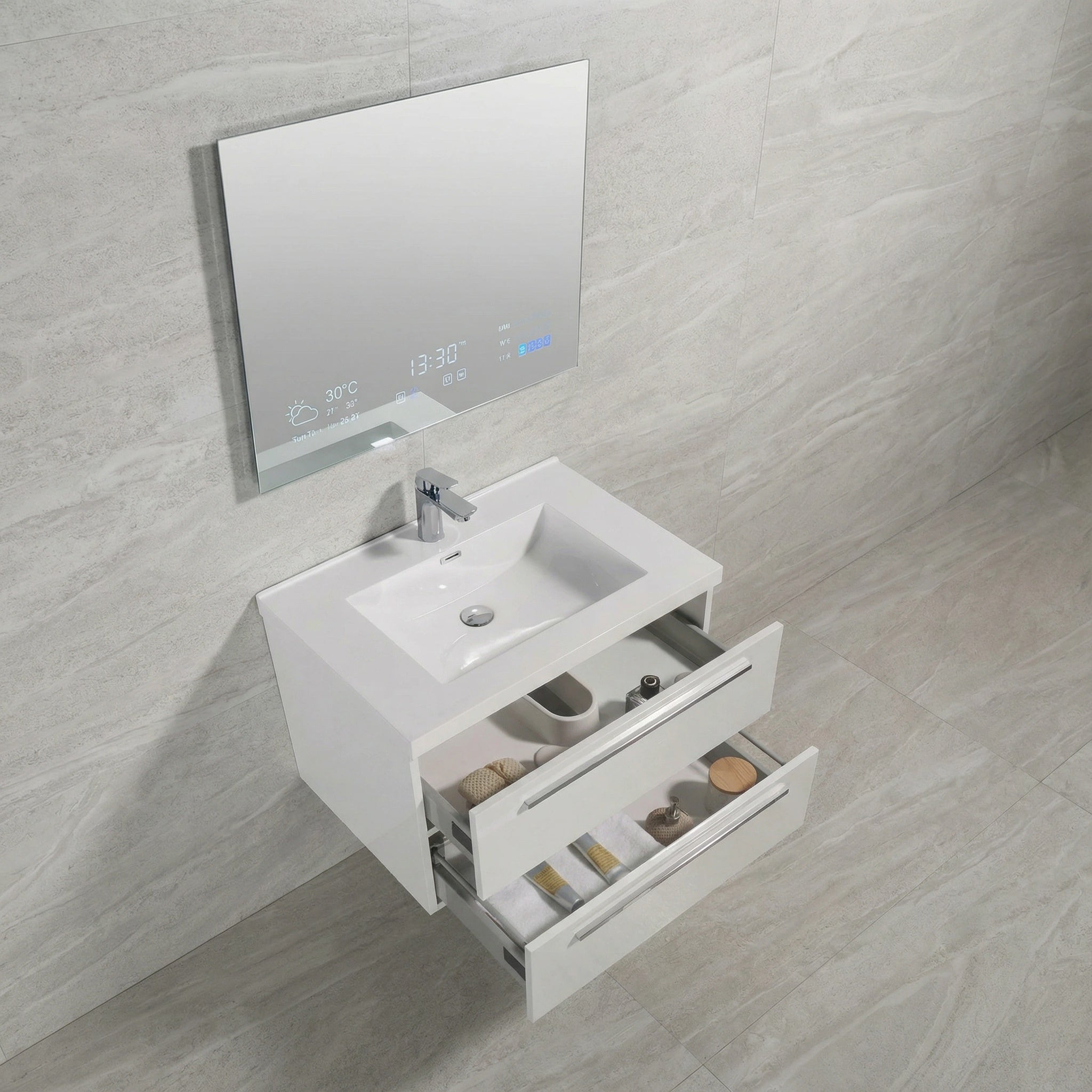Meuble-Lavabo Mural 30po Blanc avec Comptoir de Polymarbre Blanc