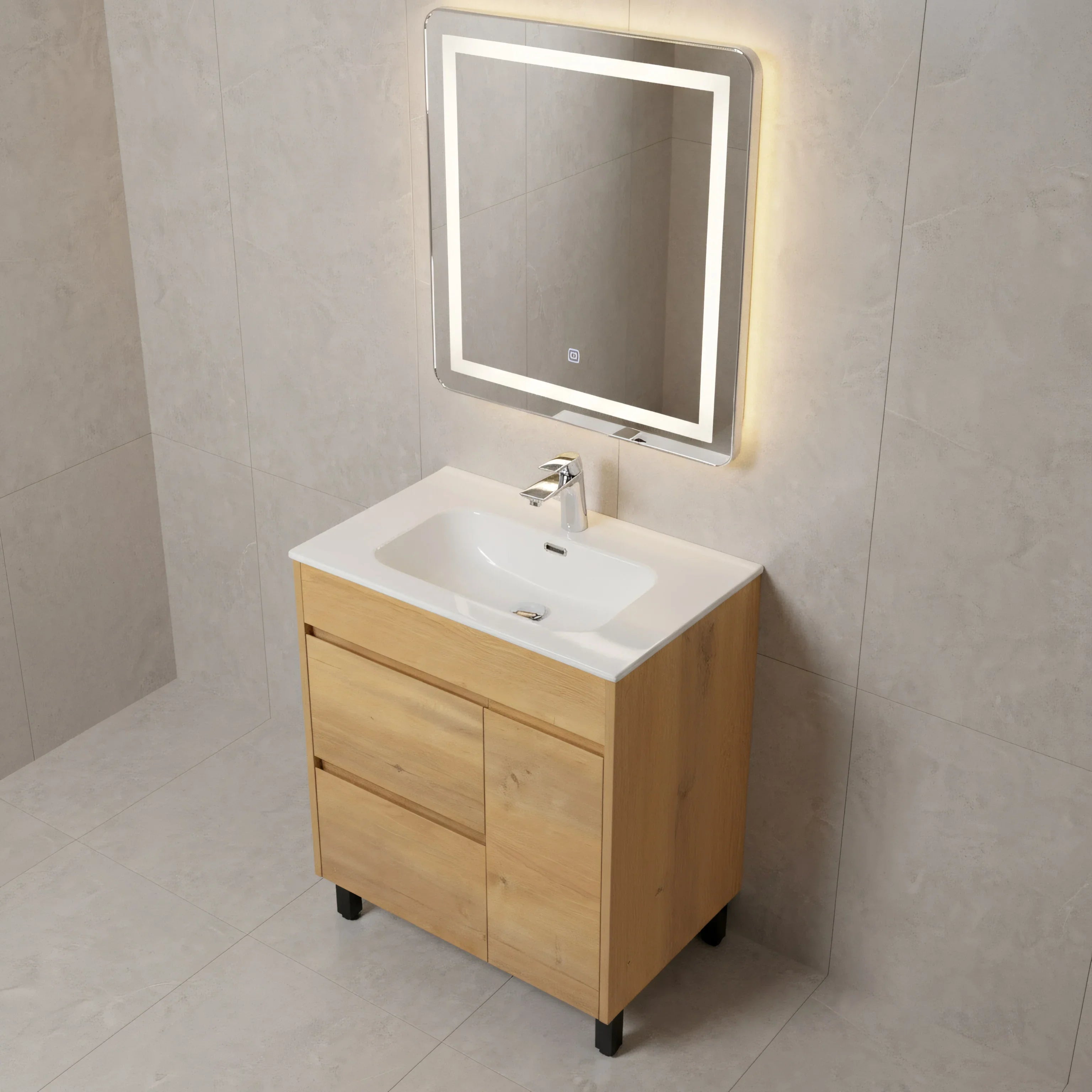 30" Frosted Oak Freestanding Bathroom Vanity with White Ceramic Countertop