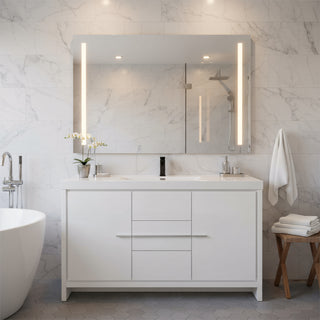 60" Glossy White Freestanding Single Sink Bathroom Vanity with White Polymarble Countertop
