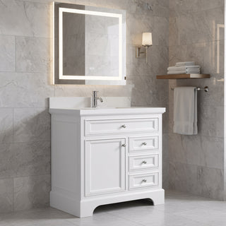 36" White Freestanding Bathroom Vanity with Engineered Calcutta Marble Countertop