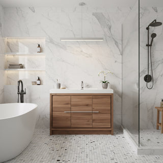 48" Walnut Freestanding Bathroom Vanity with White Polymarble Countertop