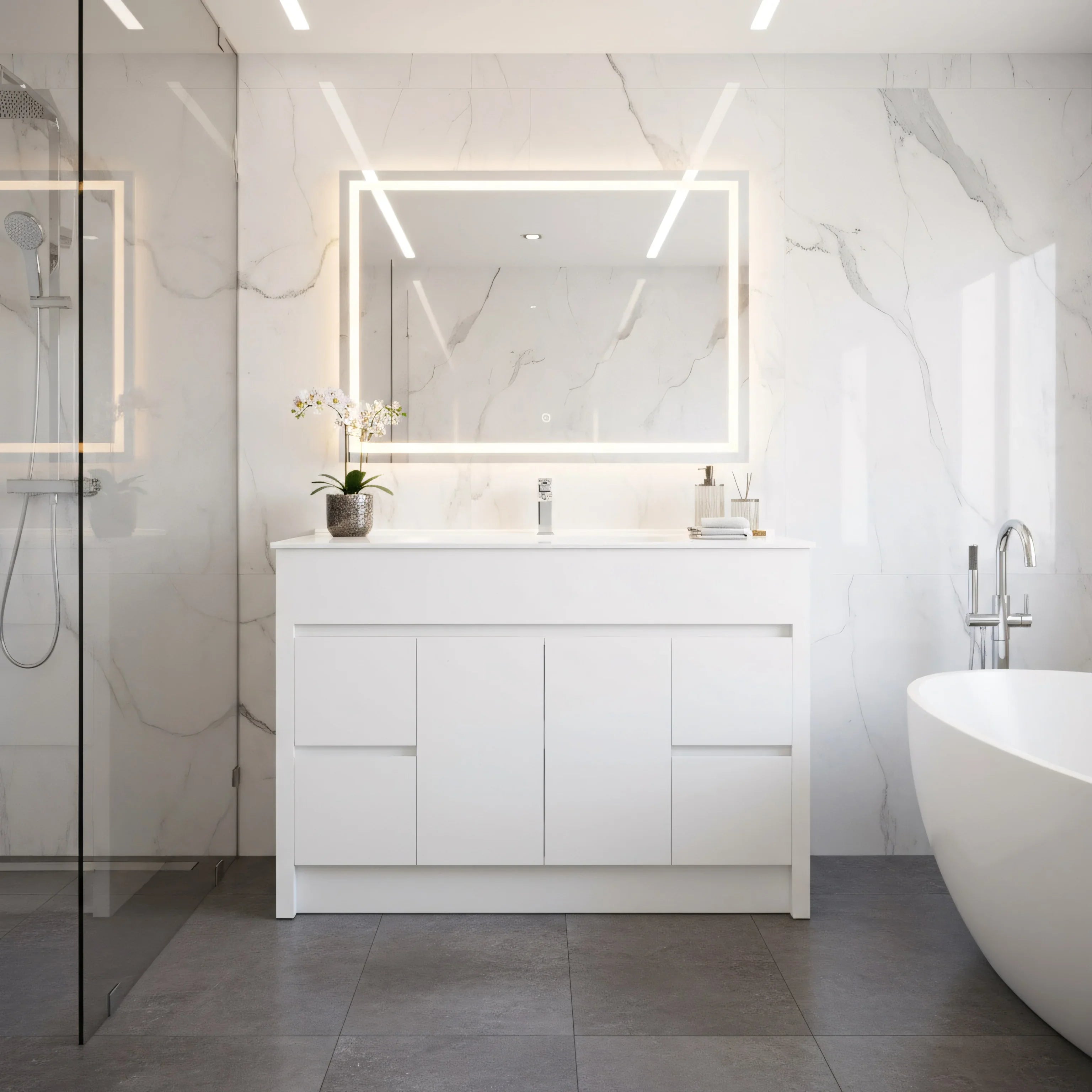 Meuble-Lavabo Autoportant 48po Blanc Mat avec Comptoir de Céramique Blanc