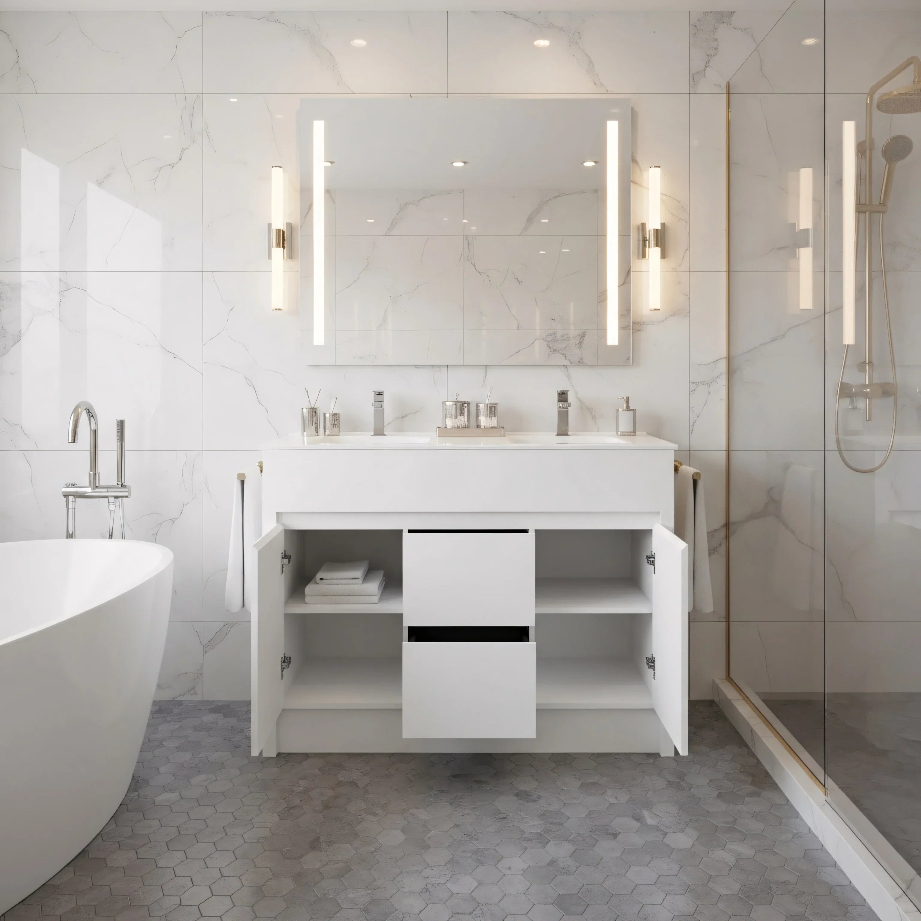 Meuble-Lavabo Autoportant 48po Blanc Mat avec Comptoir de Céramique Blanc