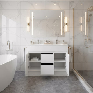 48" Matte White Freestanding Double Sink Bathroom Vanity with White Ceramic Countertop