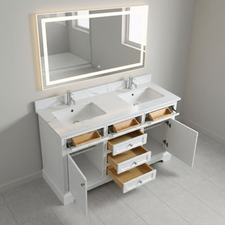60" White Freestanding Double Sink Bathroom Vanity with Engineered Calcutta Marble Countertop