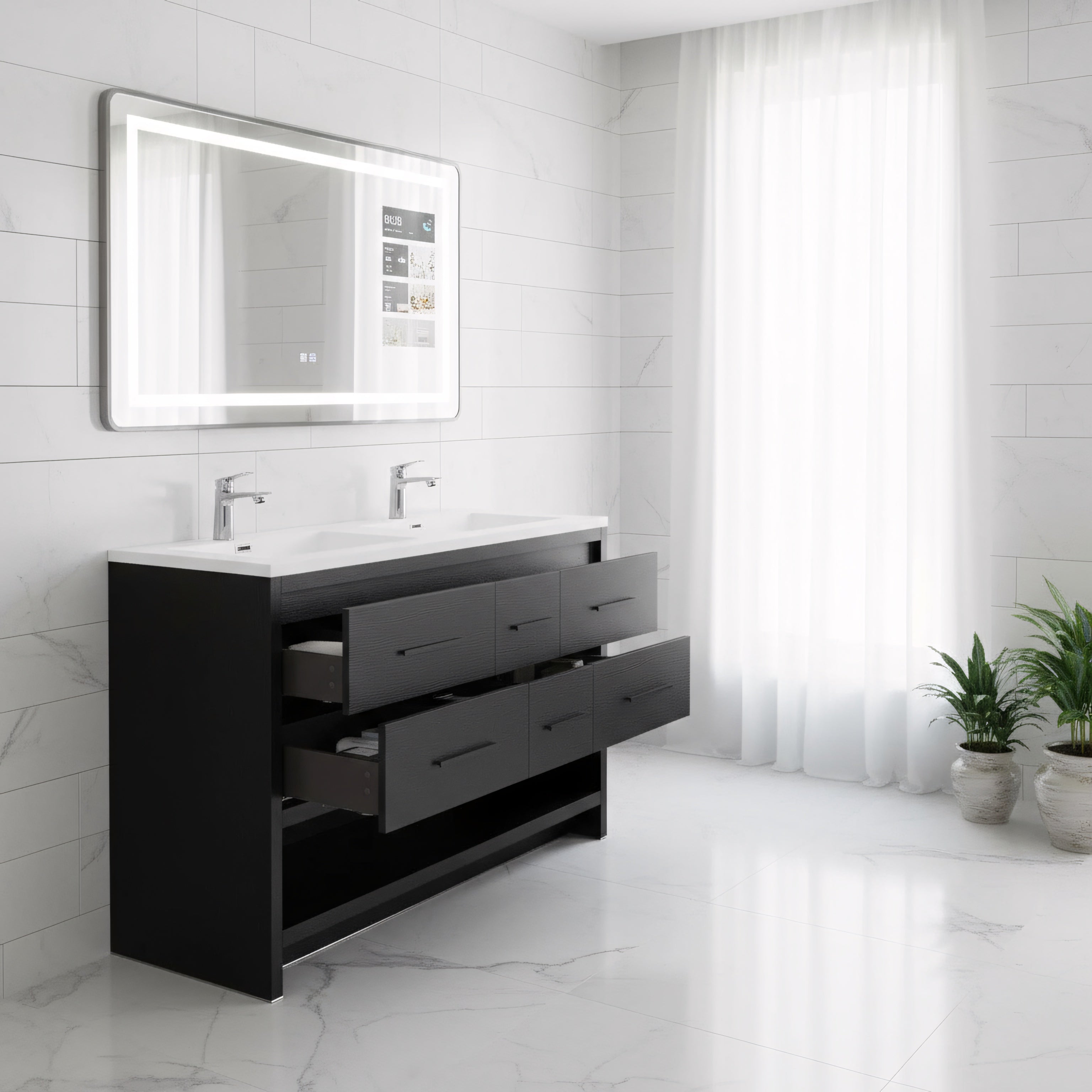 72" Black Rough Oak Freestanding Double Sink Bathroom Vanity with White Polymarble Countertop