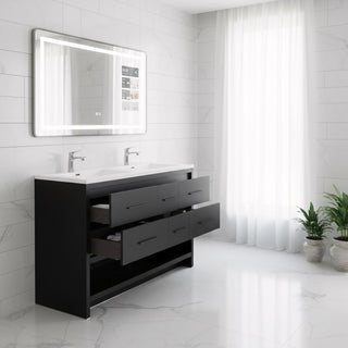 72" Black Rough Oak Freestanding Double Sink Bathroom Vanity with White Polymarble Countertop