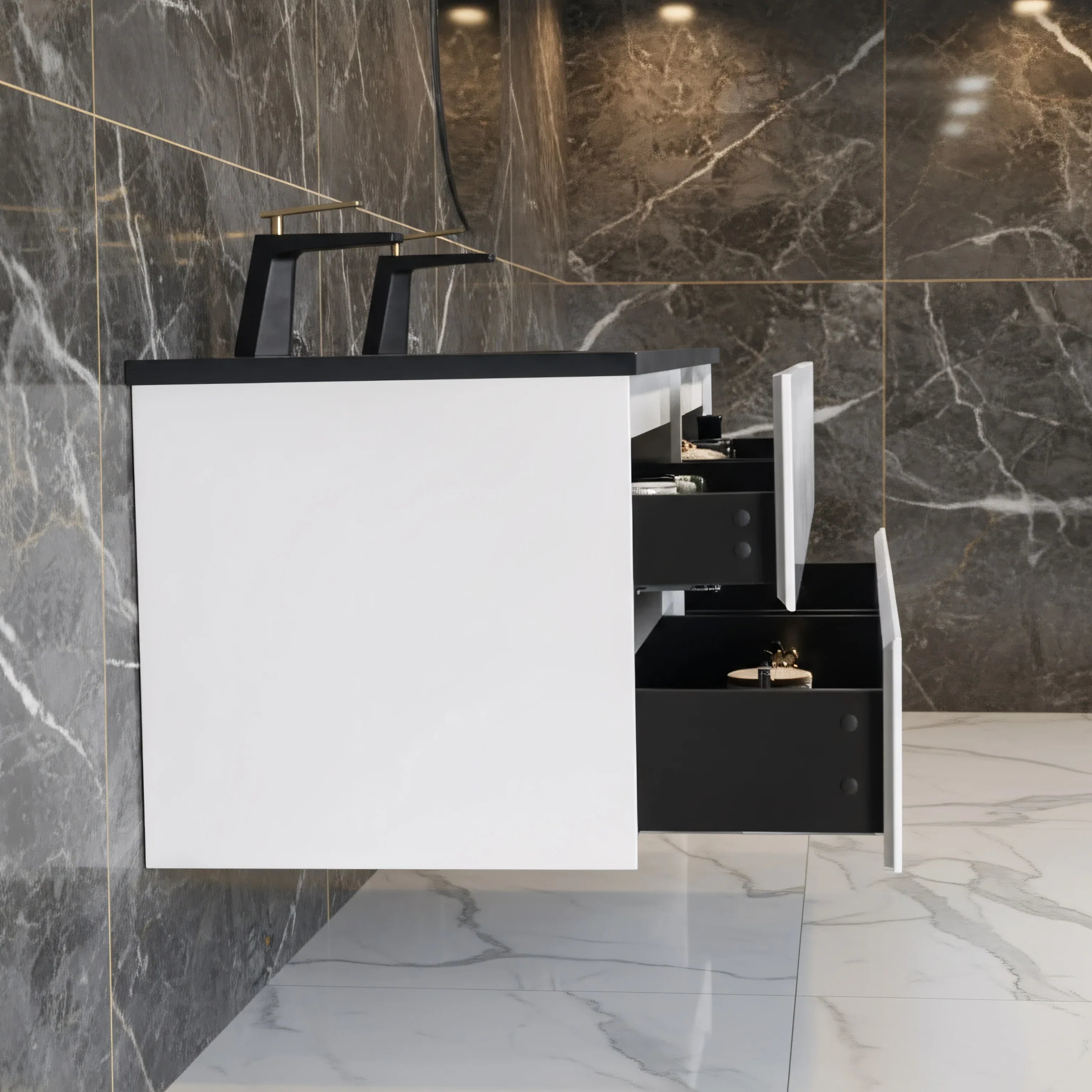 60" White Wall Mount Double Sink Bathroom Vanity with Black Engineered Quartz Countertop