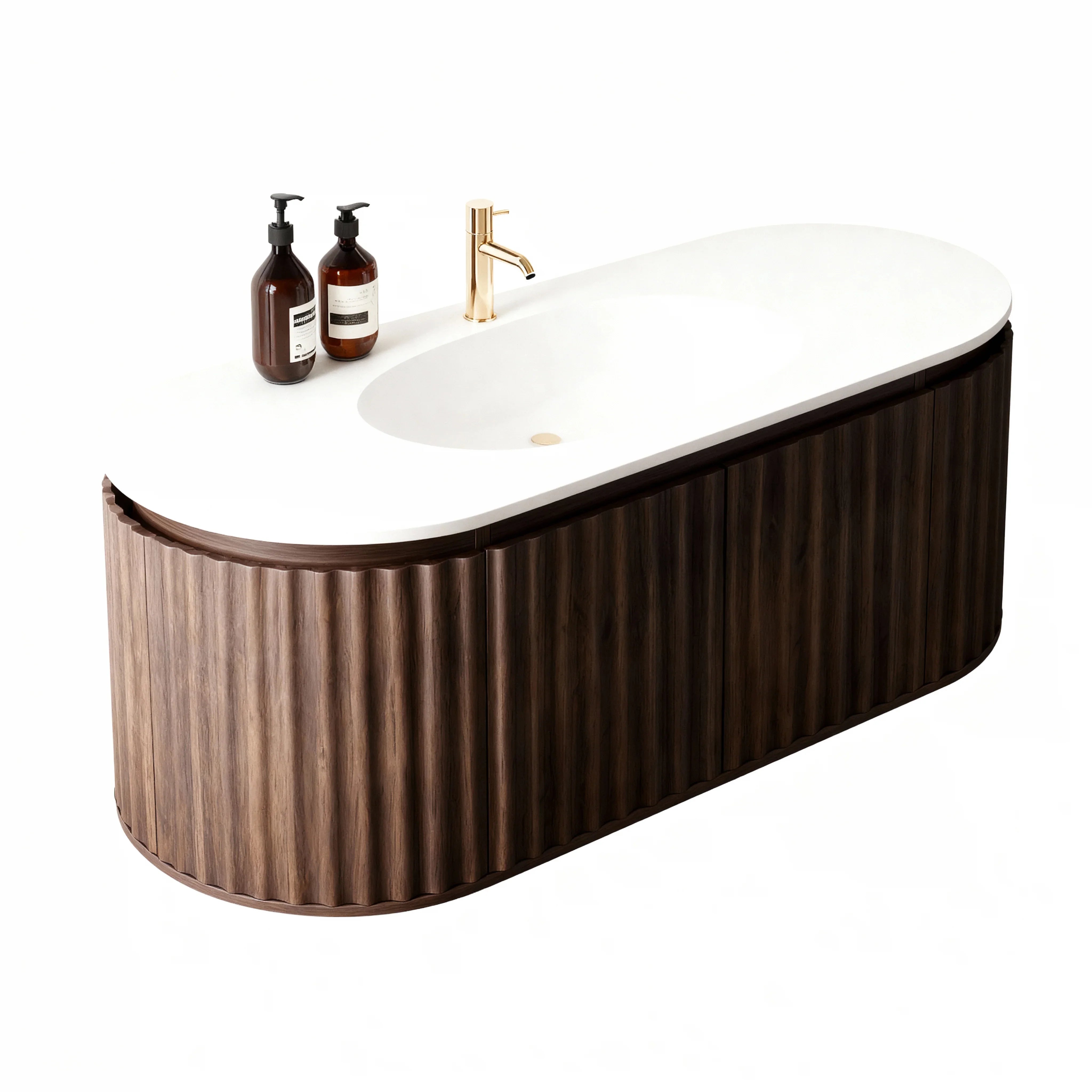 Meuble-lavabo 48 po en noyer courbé et cannelé - Comptoir blanc mat