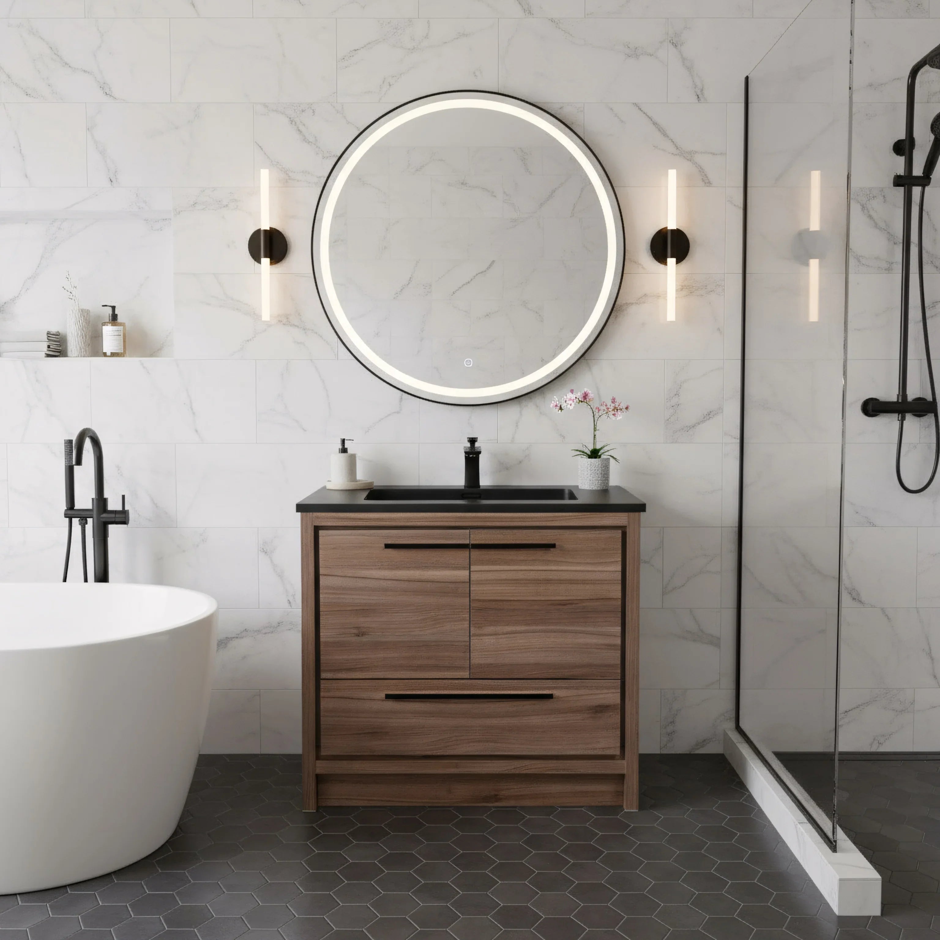 36" Walnut Freestanding Bathroom Vanity with Black Engineered Quartz Countertop