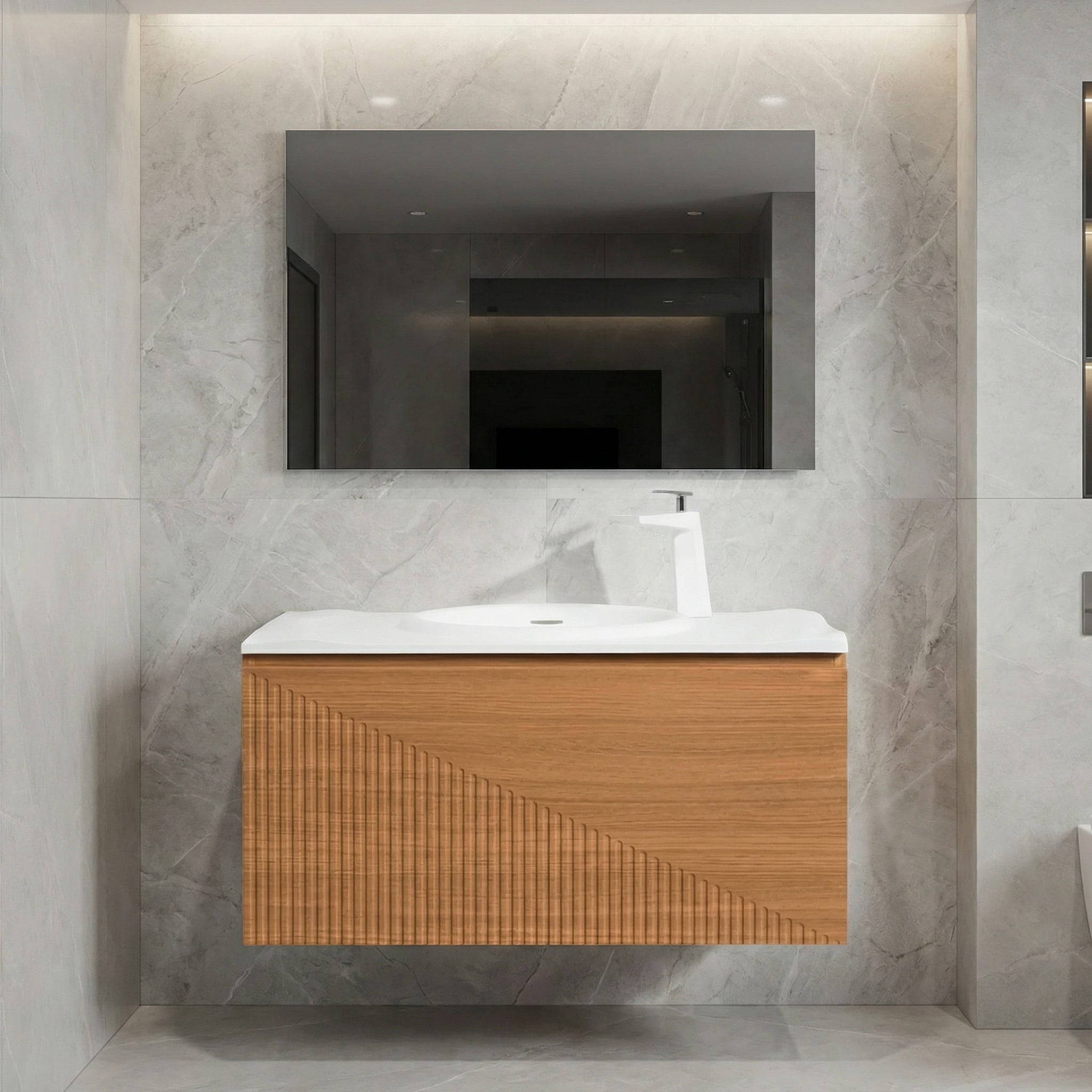 36" Light Oak Wall Mount Bathroom Vanity with White Solid Surface Countertop